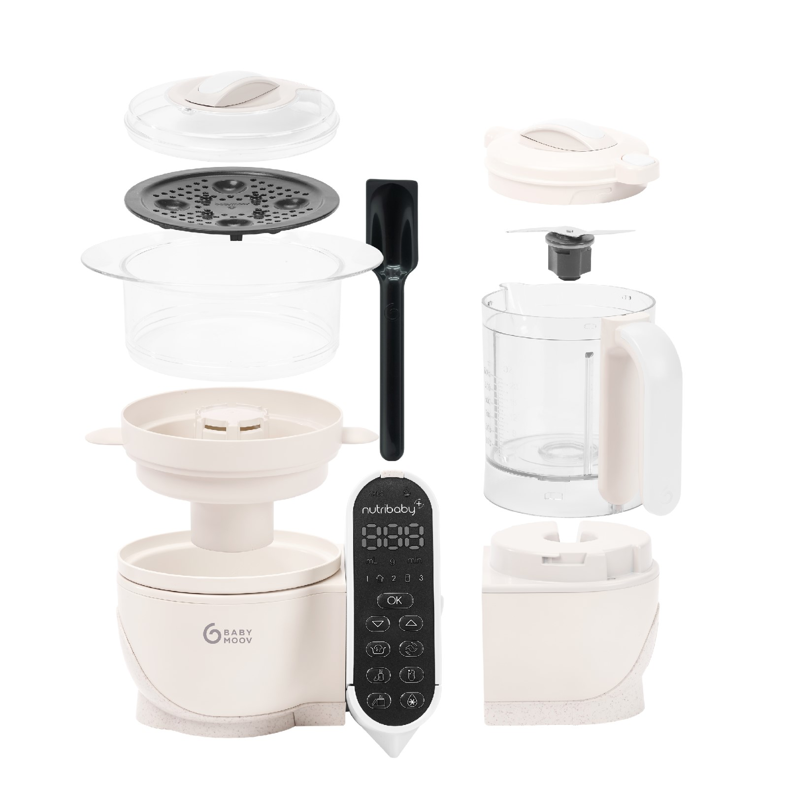 Un preparatore di alimenti per bambini smontato, con parti tra cui un frullatore, un vaporizzatore e un pannello di controllo.