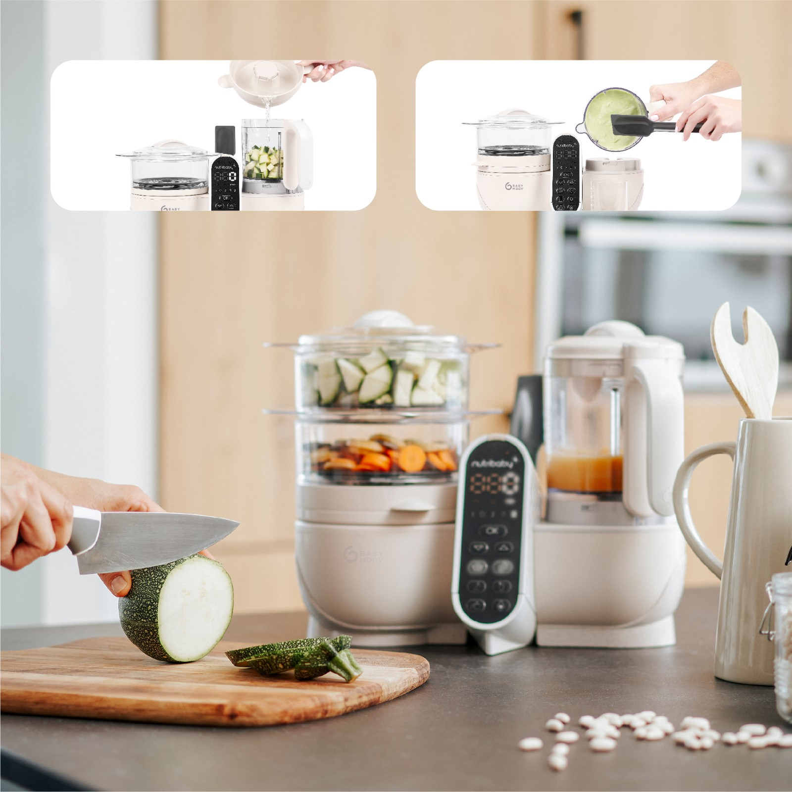 Robot da cucina per neonati con ingredienti e tagliere.