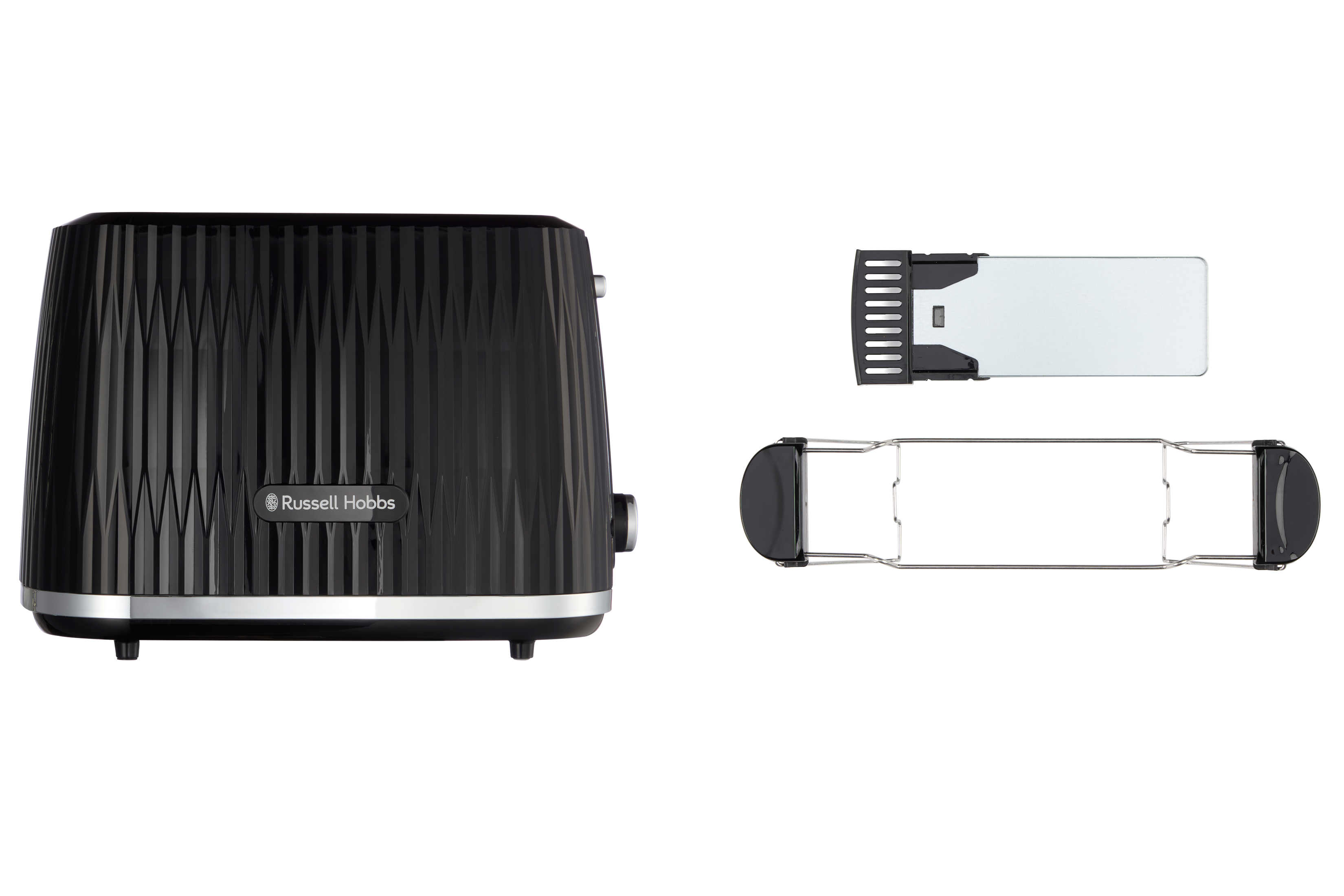 Czarny toster z pionowymi rowkami i dwoma uchwytami na kromki chleba.
