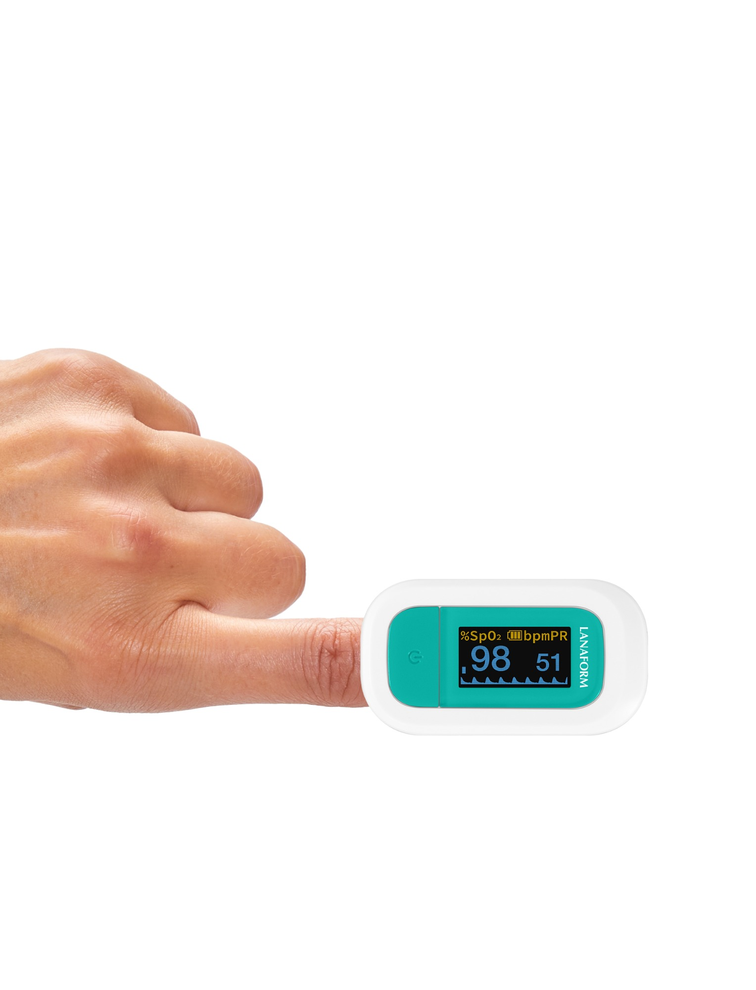 A person's hand with a pulse oximeter on their finger. The oximeter displays a reading.