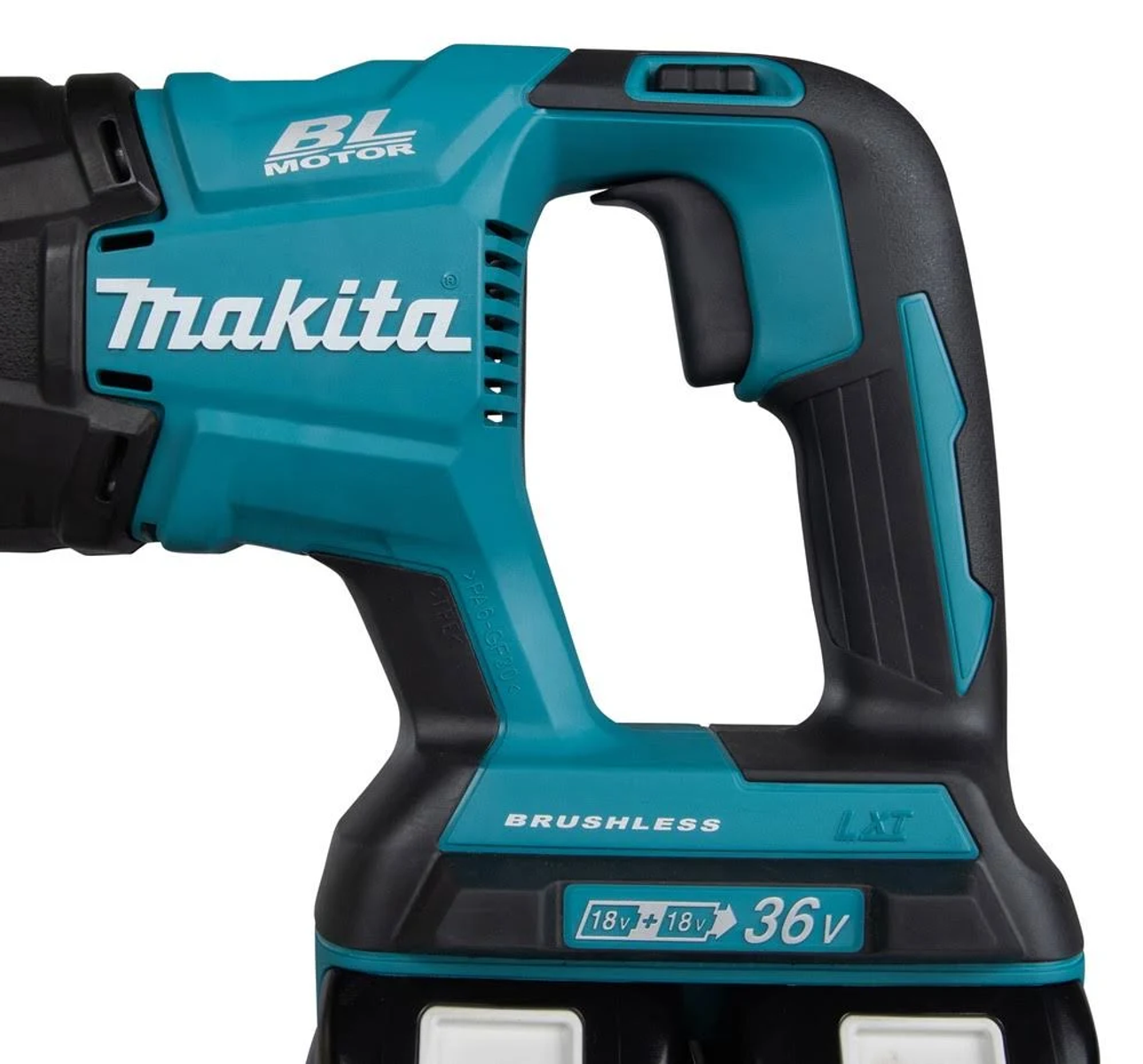 Primer plano de un mango de herramienta eléctrica turquesa y negro con el logo de Makita.