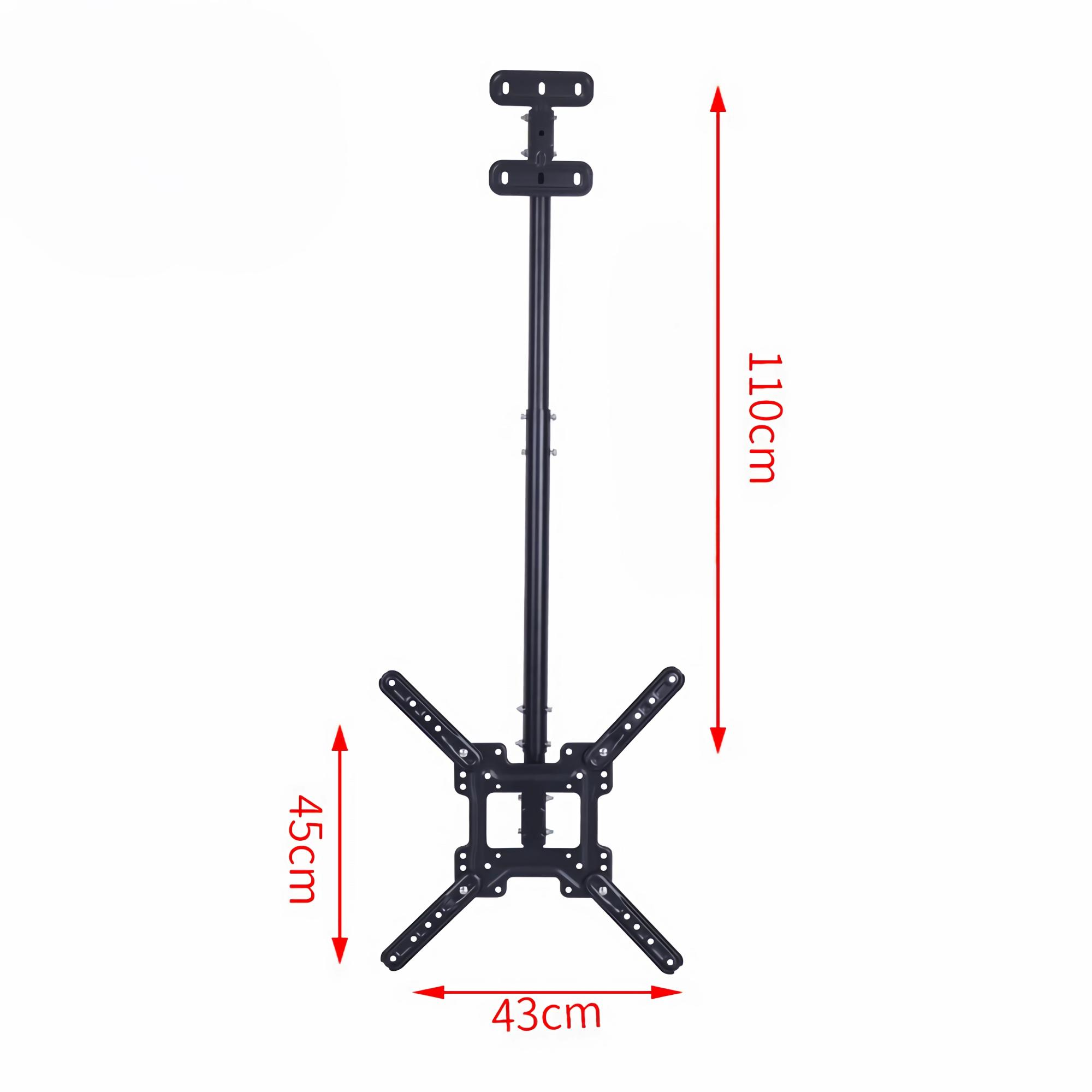 Eine schwarze TV-Halterung mit den Maßen: 110 cm Höhe, 45 cm Breite und 43 cm Länge. Rote Pfeile zeigen die Maße.