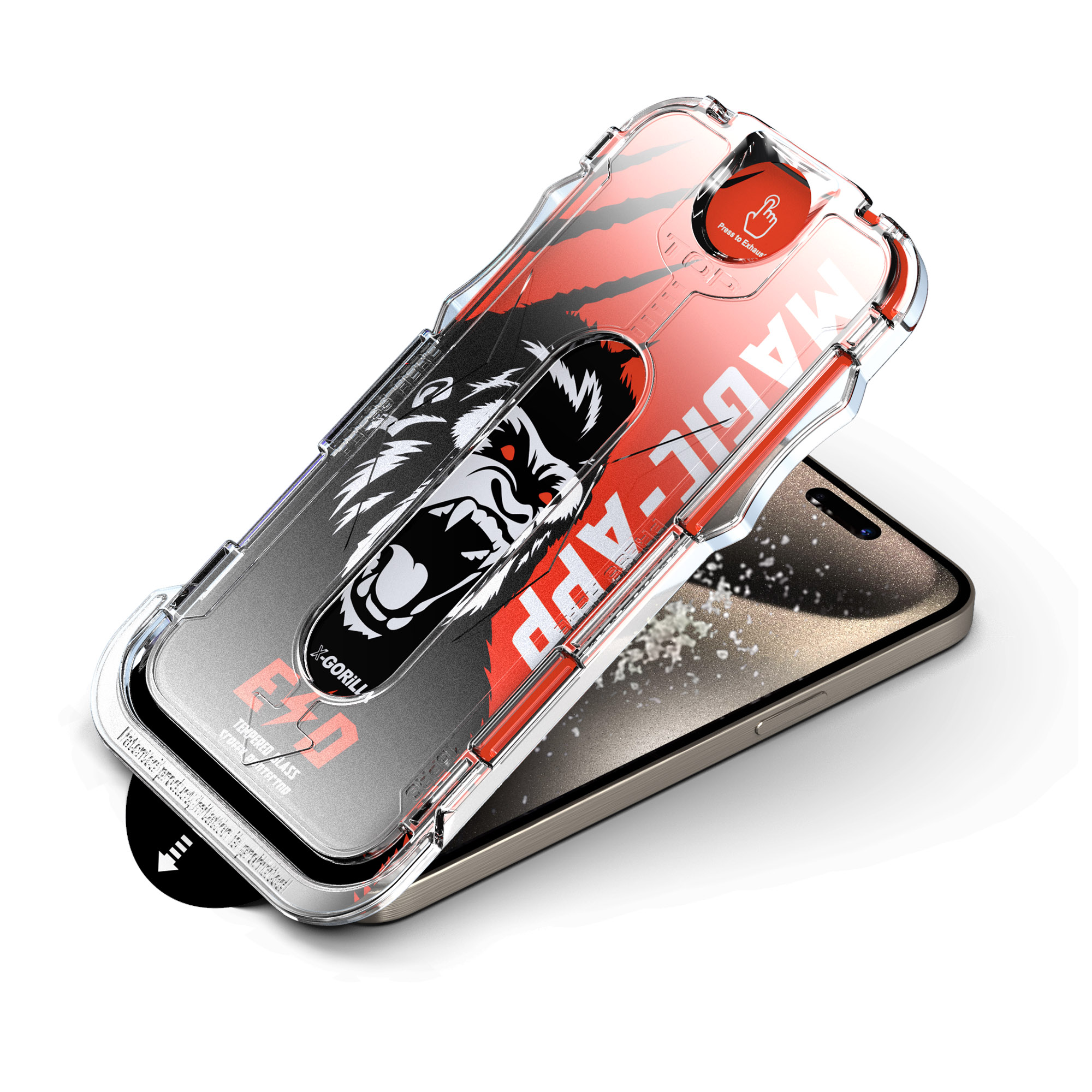 Handyhülle mit Gorilla-Design. Die Hülle liegt über einem Telefon, mit rotem und schwarzem Design.