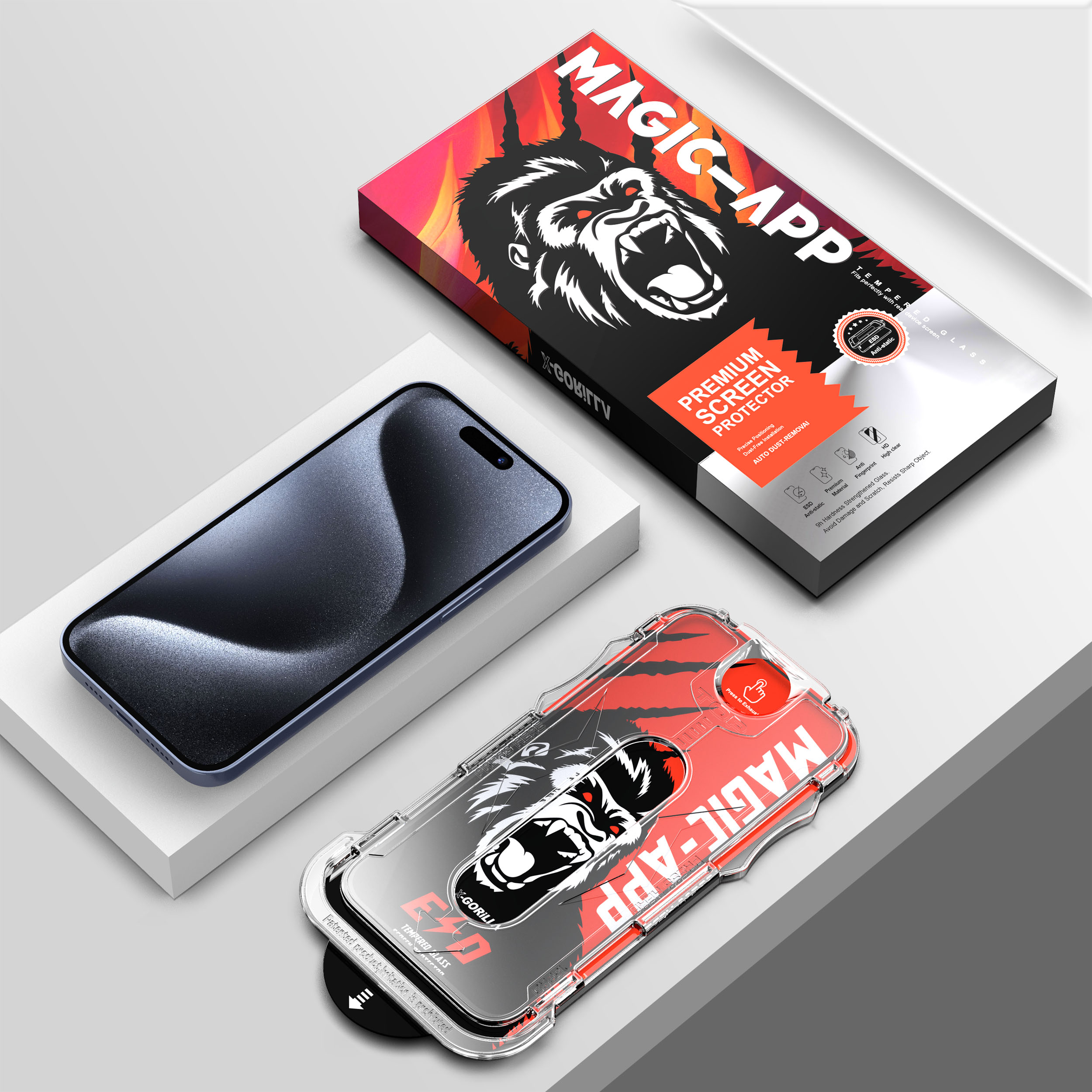Telefon mit Displayschutz und Hülle. Gorilla-Bild auf Hülle und Box. Weißer Hintergrund.