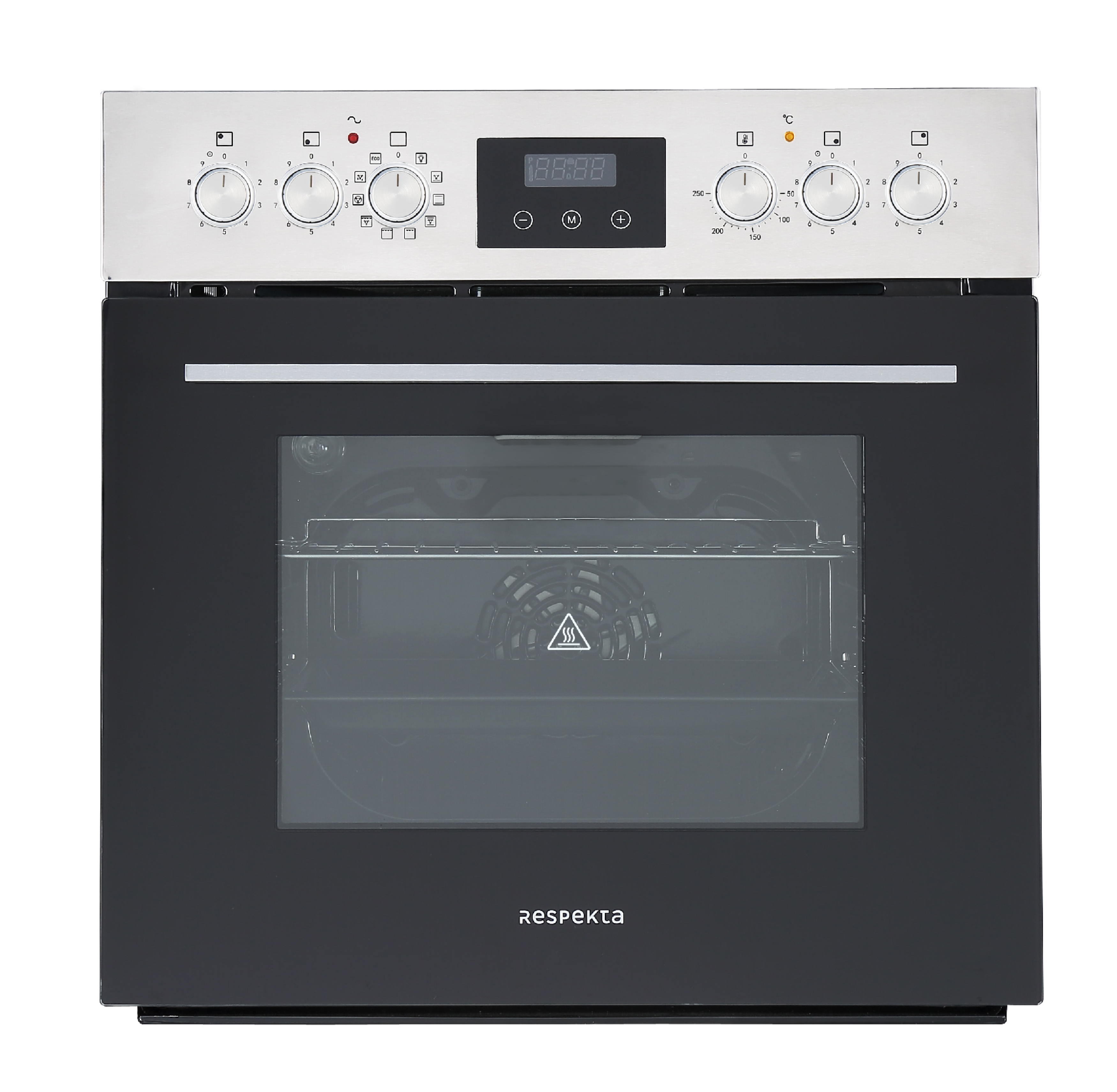 Ein schwarzer Backofen mit Glastür und Bedienelementen oben. Er hat ein digitales Display.