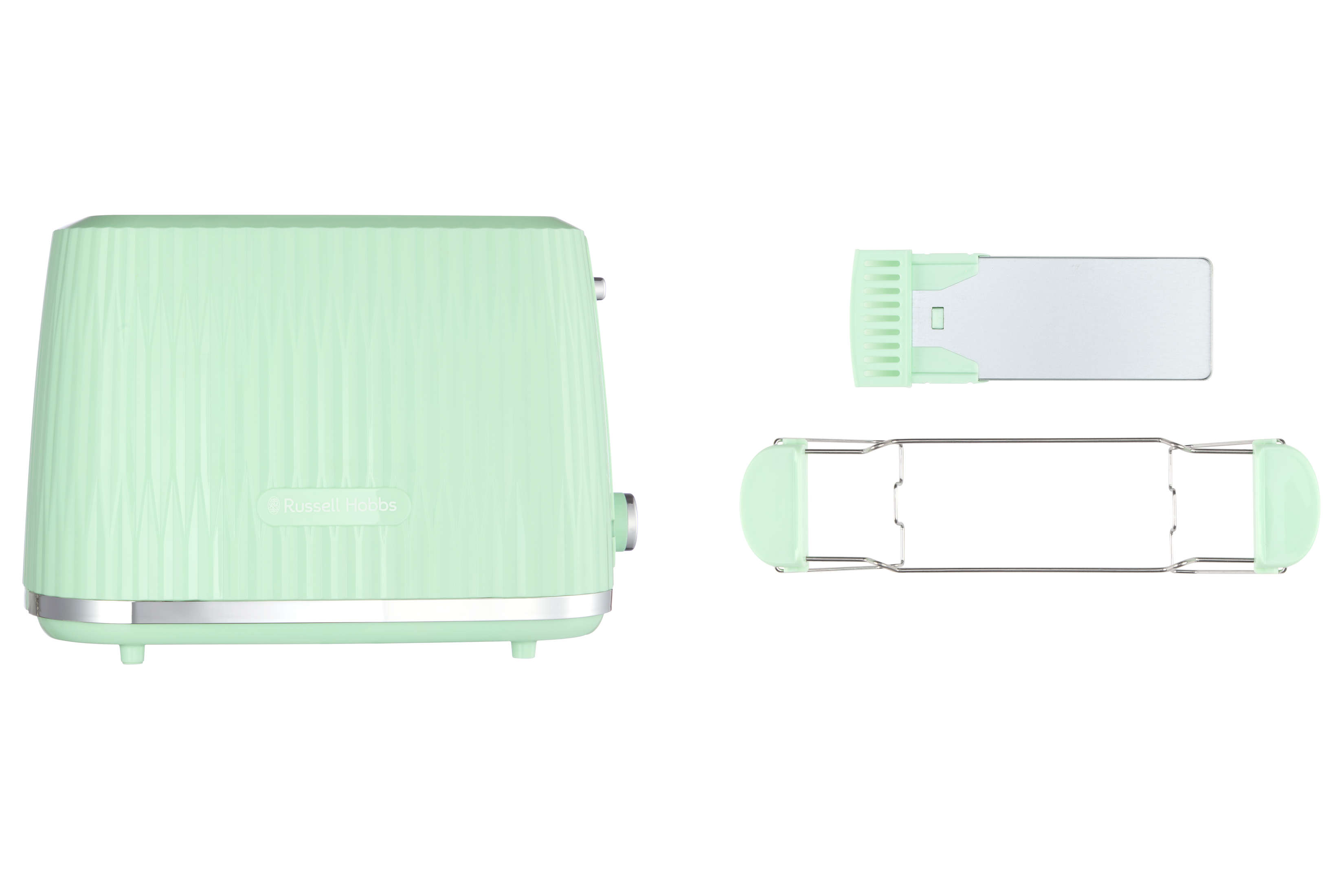 Miętowy toster Russell Hobbs z dopasowanym widokiem od góry na otwory na chleb.