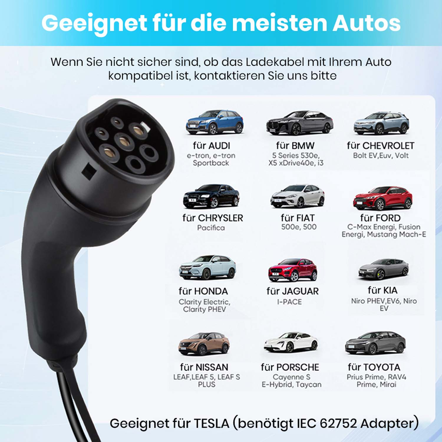 Ein Ladeadapter für Elektroautos, mit Logos der unterstützten Autos.