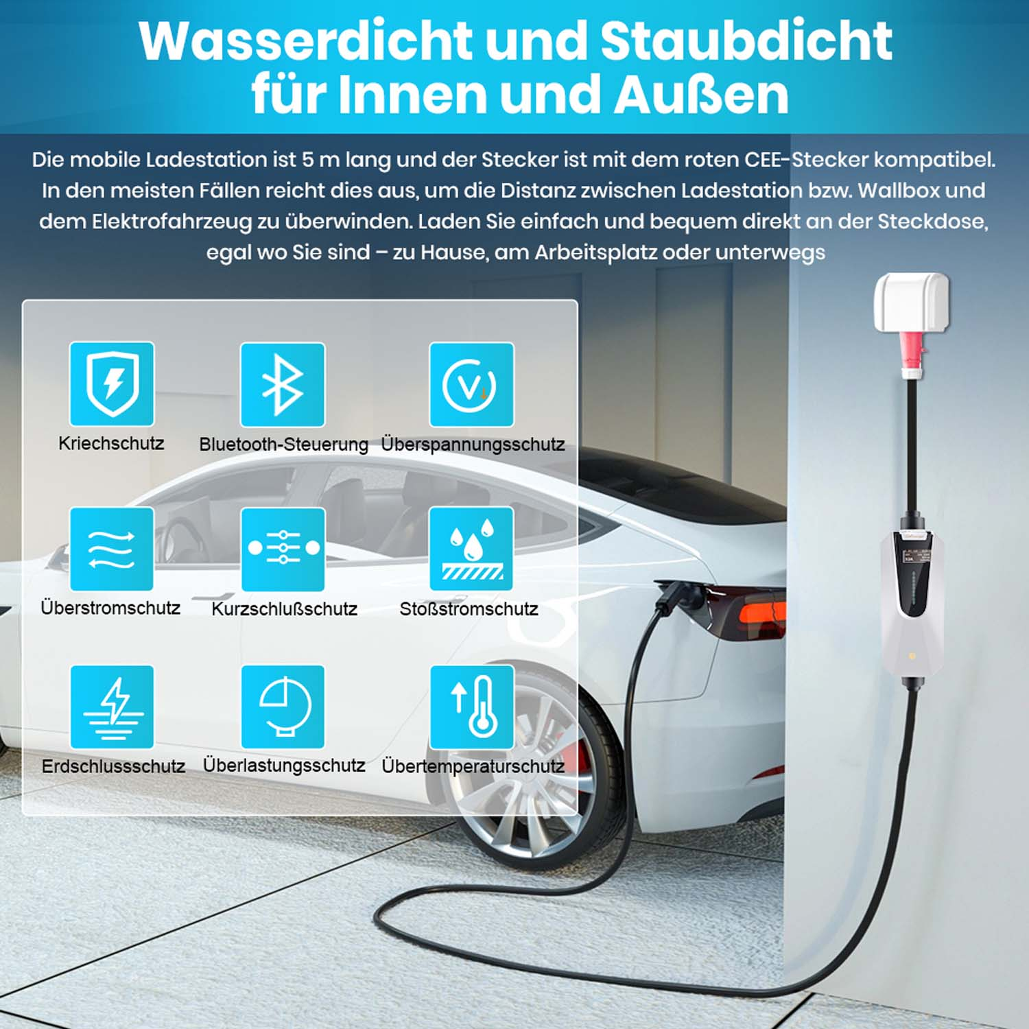 Ein Elektroauto lädt. Der Text oben beschreibt es als wasserdicht und staubdicht.