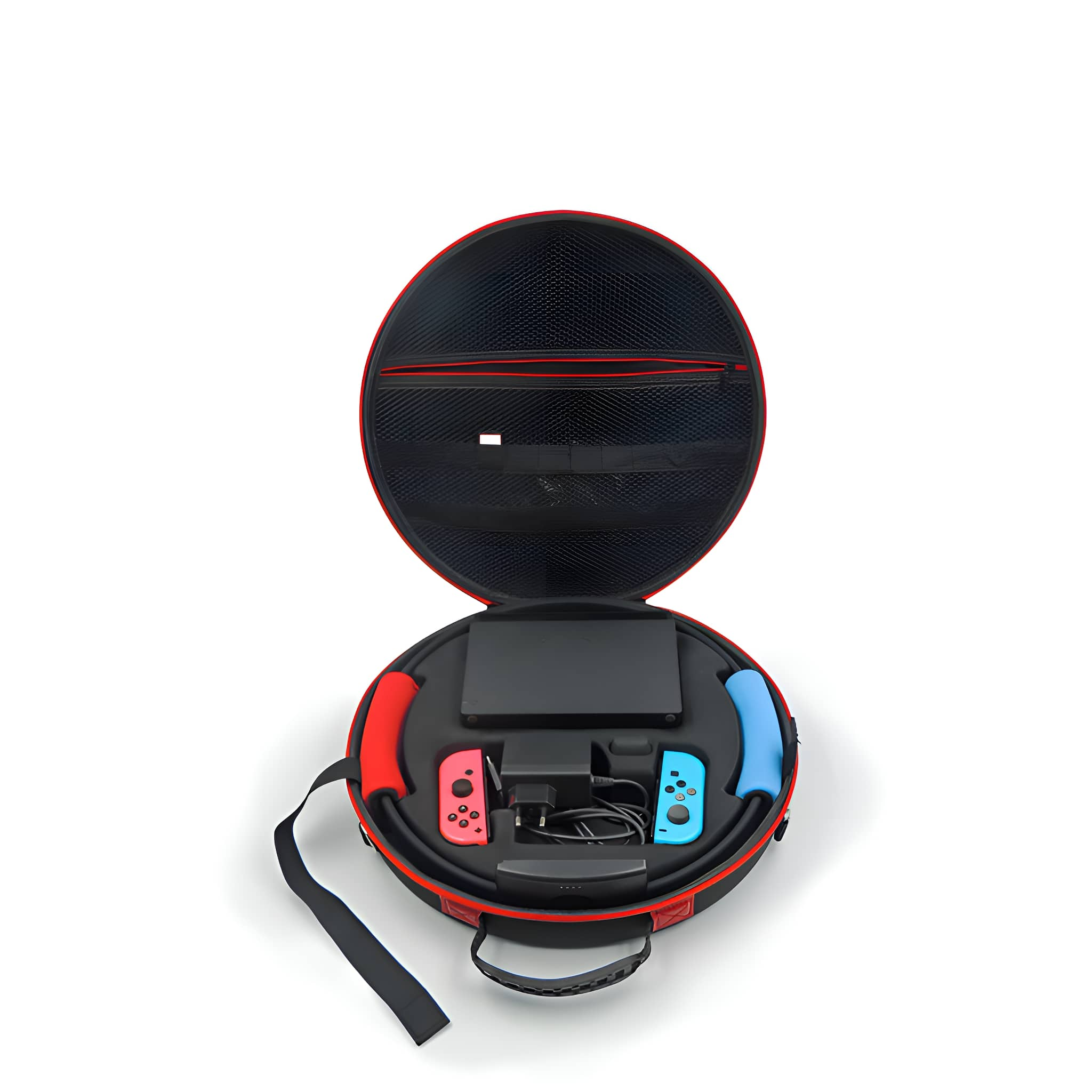 Ein offener rot-schwarzer Tragekoffer enthält eine schwarze Spielekonsole, Zubehör und Controller.