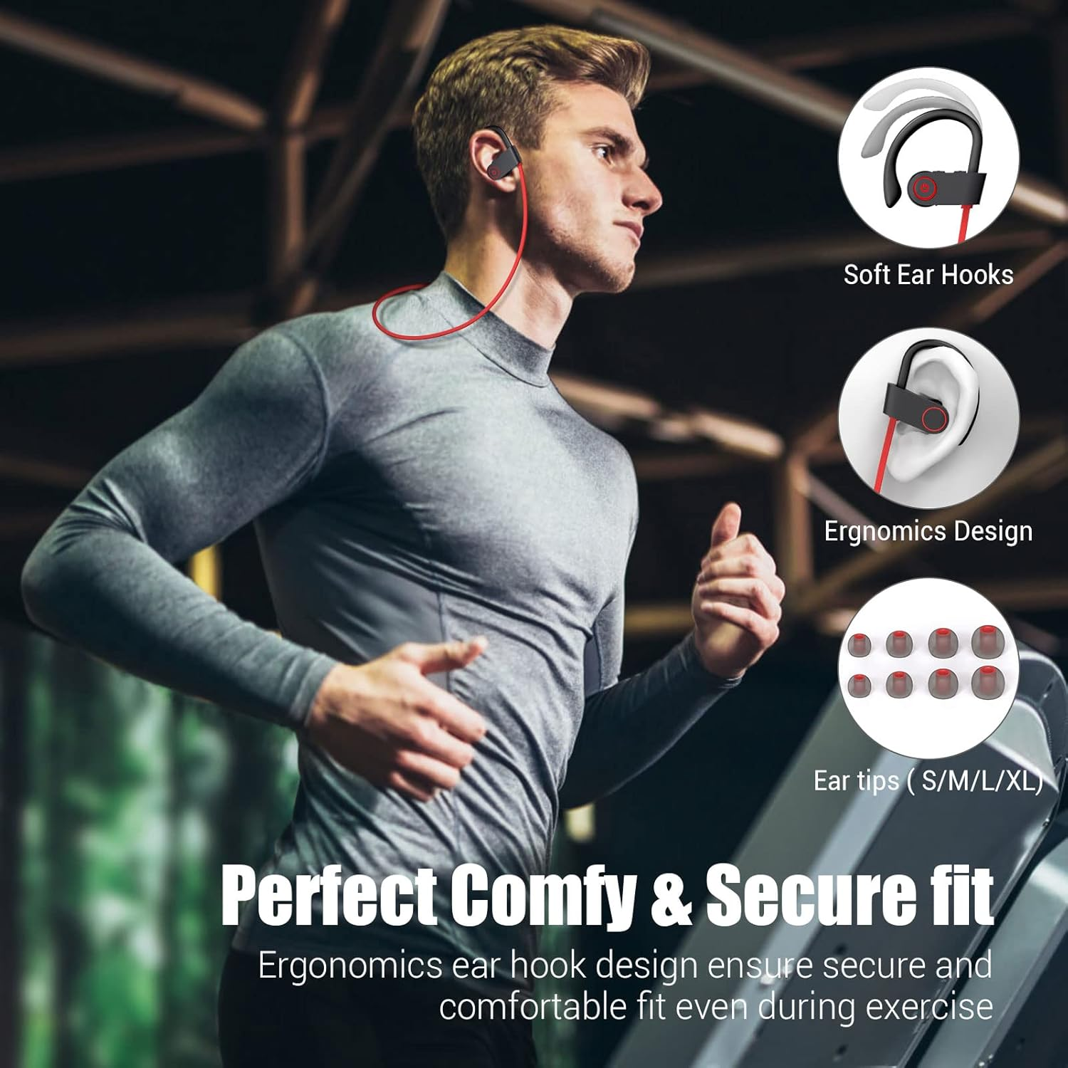 Mann, der auf einem Laufband läuft und Ohrhörer trägt. Text: Perfekte, bequeme und sichere Passform, mit Ohrbügel- und Ohrspitzen-Details.
