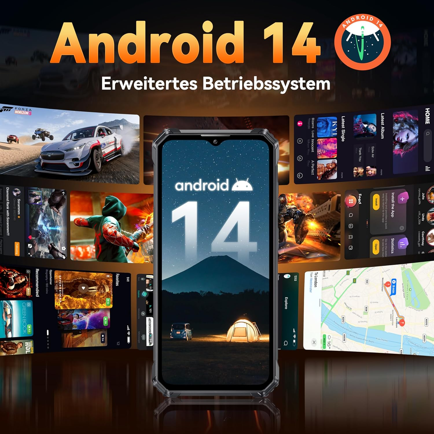 Android 14 Telefon mit App-Symbolen und Spiel, umgeben von Grafiken.