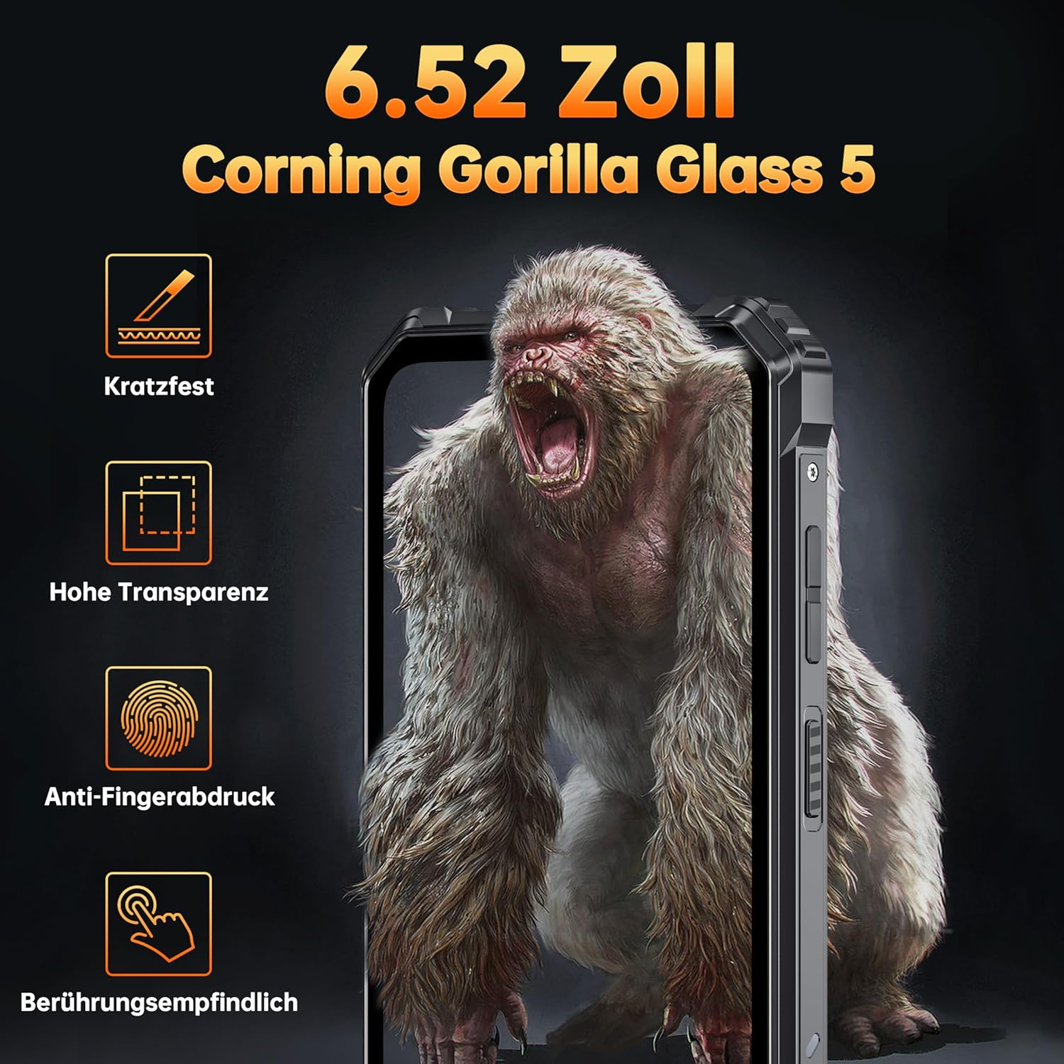 Telefon mit Gorilla-Bild und Text. Schwarz und braun. Schwarzer Hintergrund.