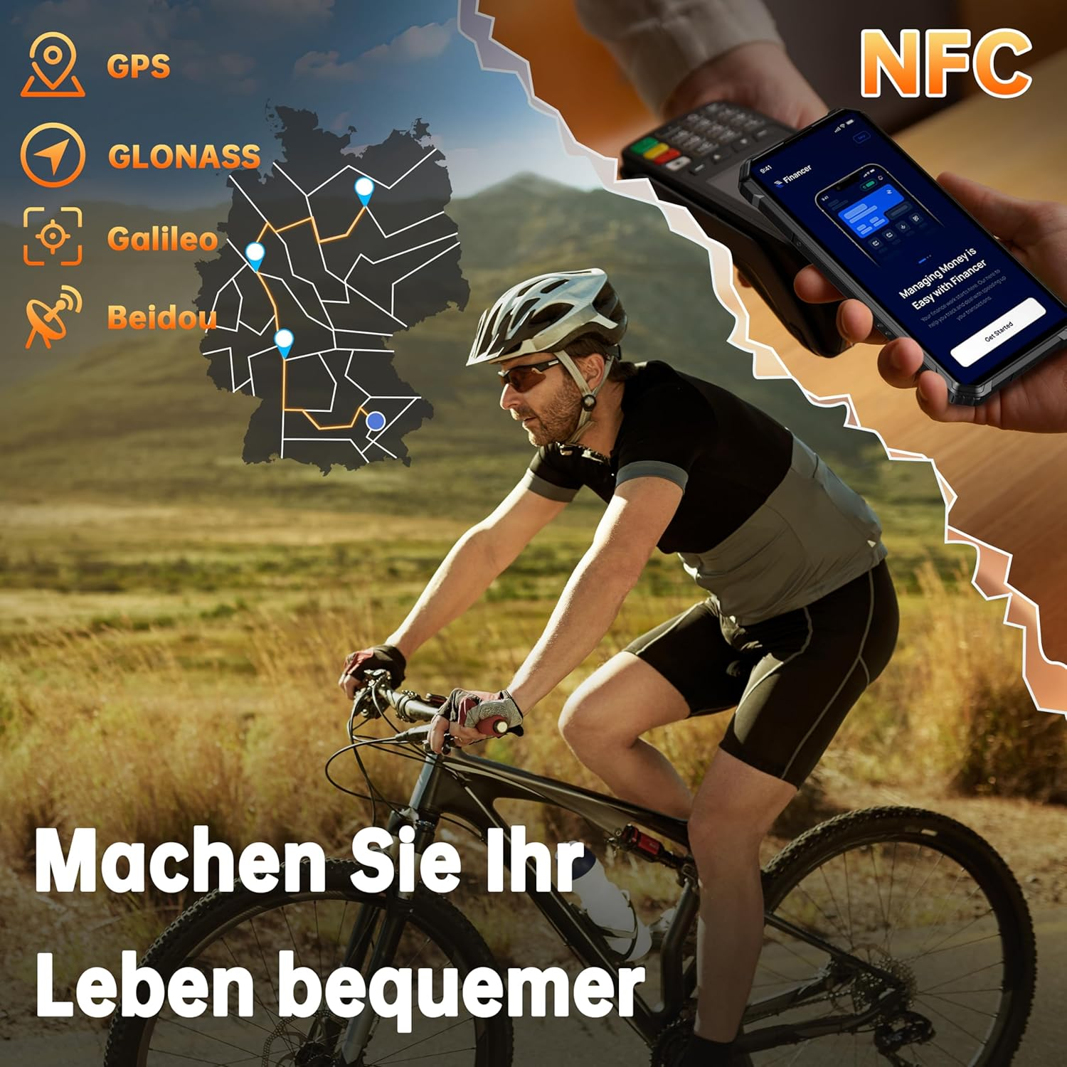Ein Radfahrer mit Kartenbild und einem Telefon mit dem Text "Managing Money is Easy".