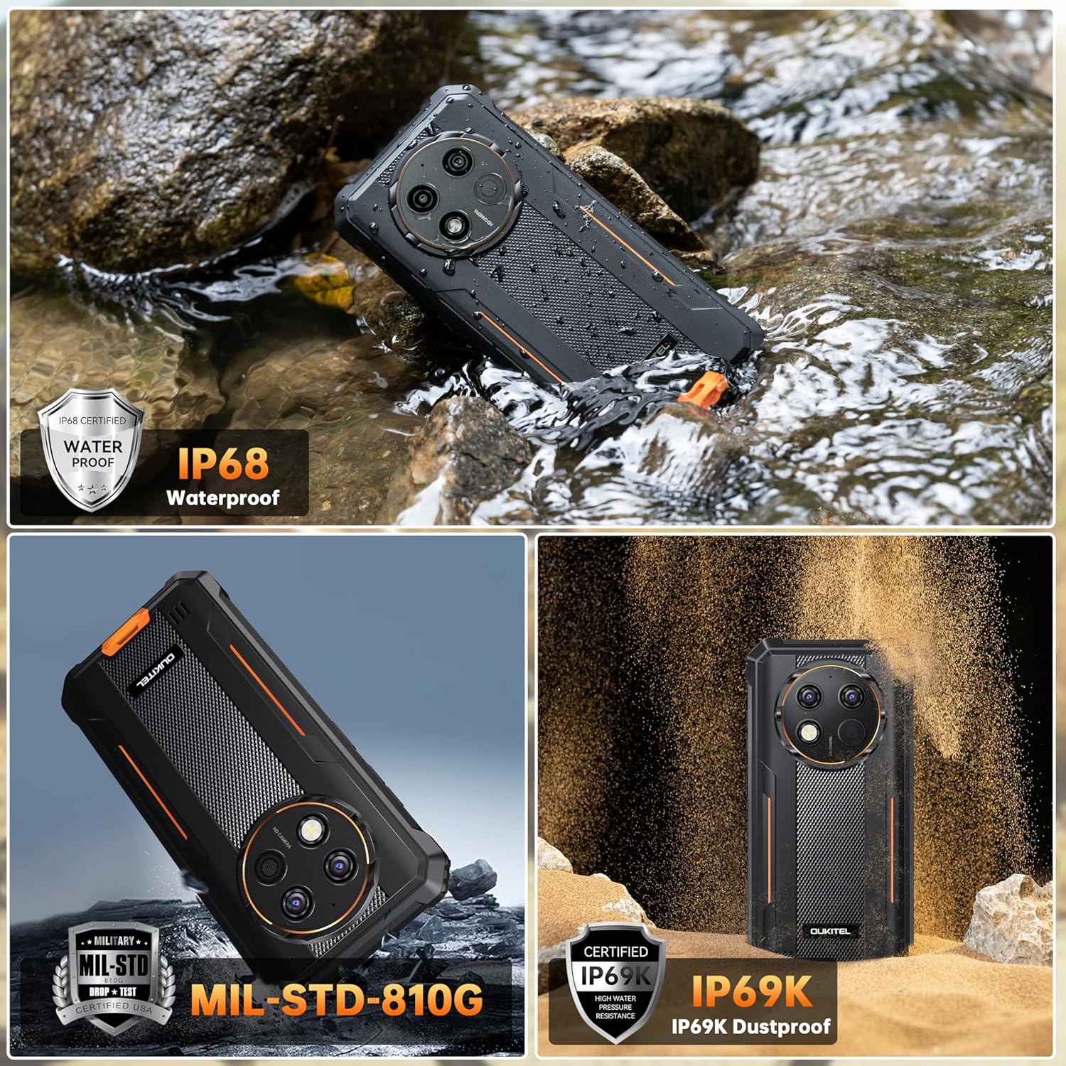 Schwarzes und oranges robustes Smartphone im Wasser, mit Zertifizierungszeichen.