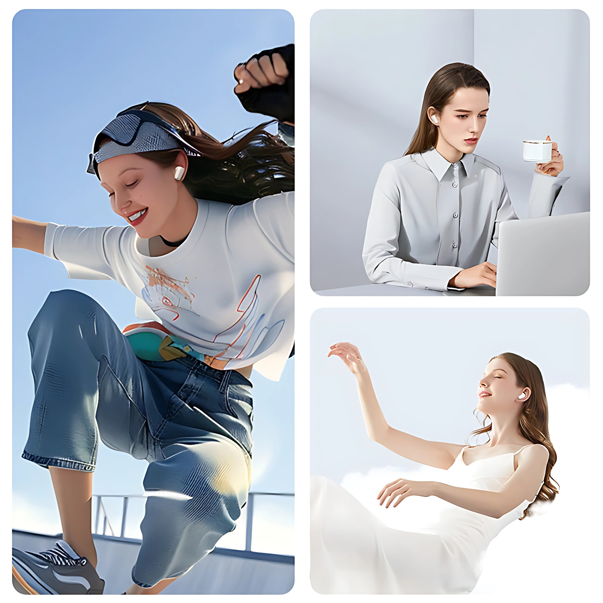 Tre foto di persone che indossano auricolari bianchi. Sono in contesti diversi: skateboard, lavoro e relax.