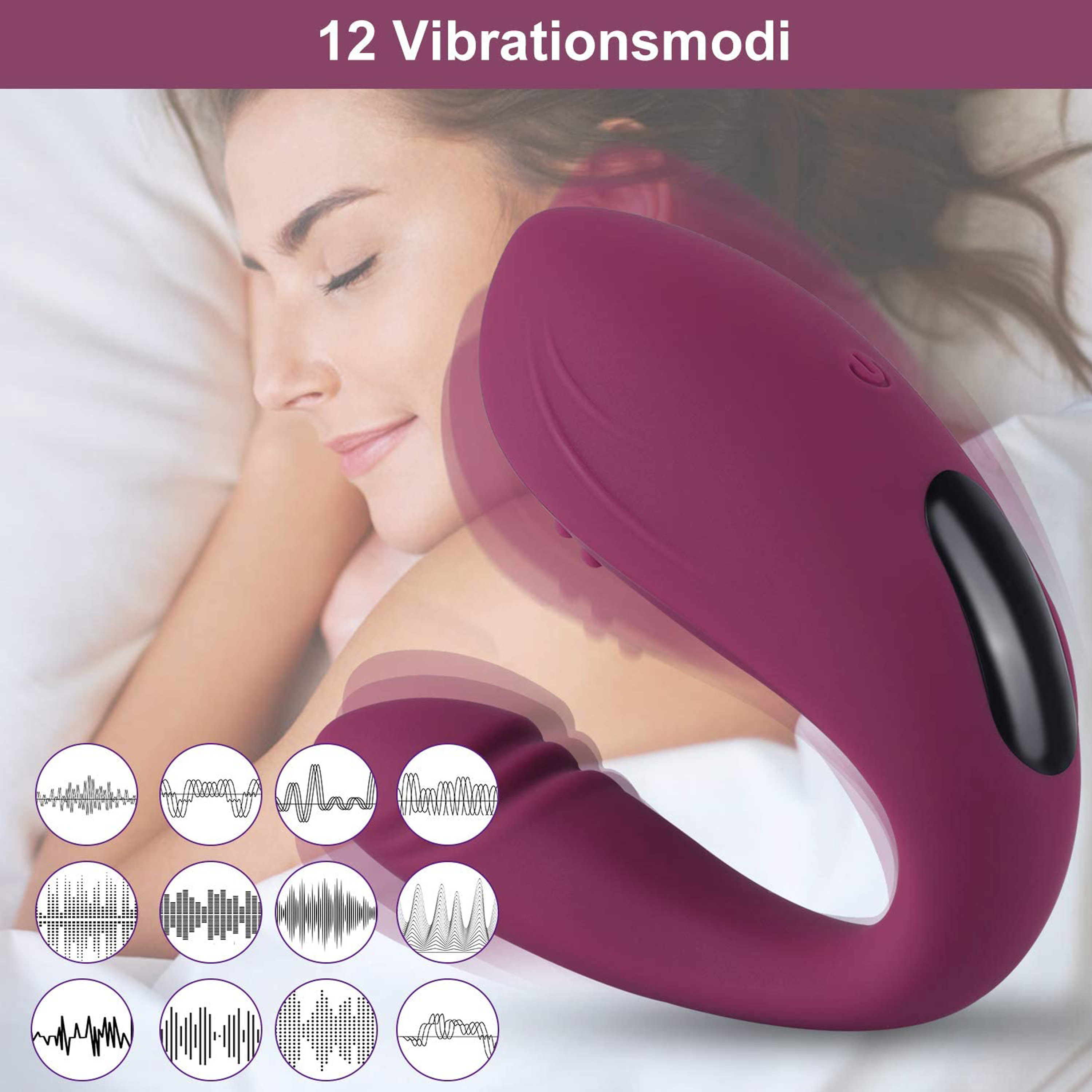 Frau auf dem Bett mit einem lila Vibrator. 12 Vibrationsmodi sind um den Vibrator herum dargestellt.