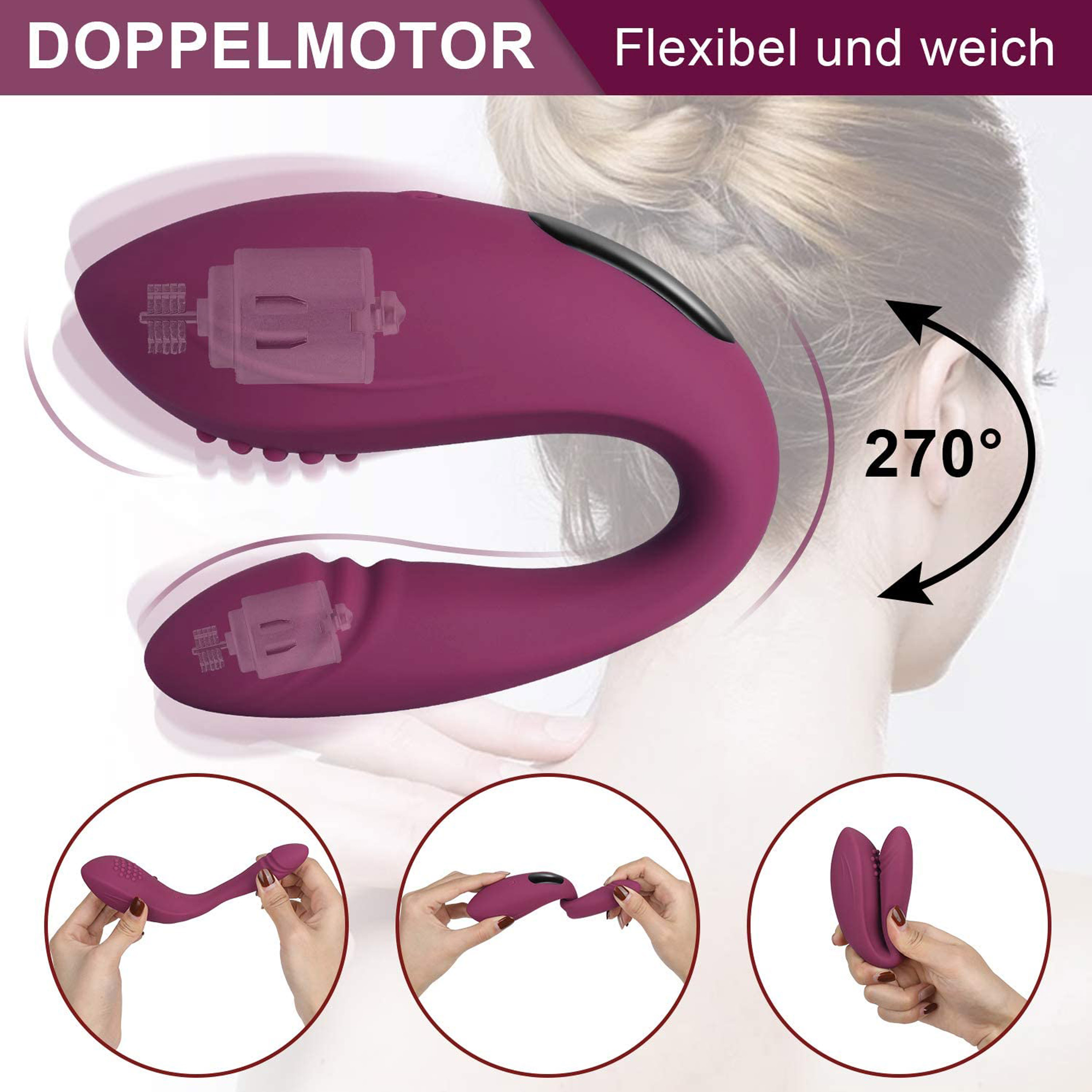 Lila Sexspielzeug, zeigt Flexibilität und verschiedene Verwendungspositionen. Text sagt 'Doppelmotor'.