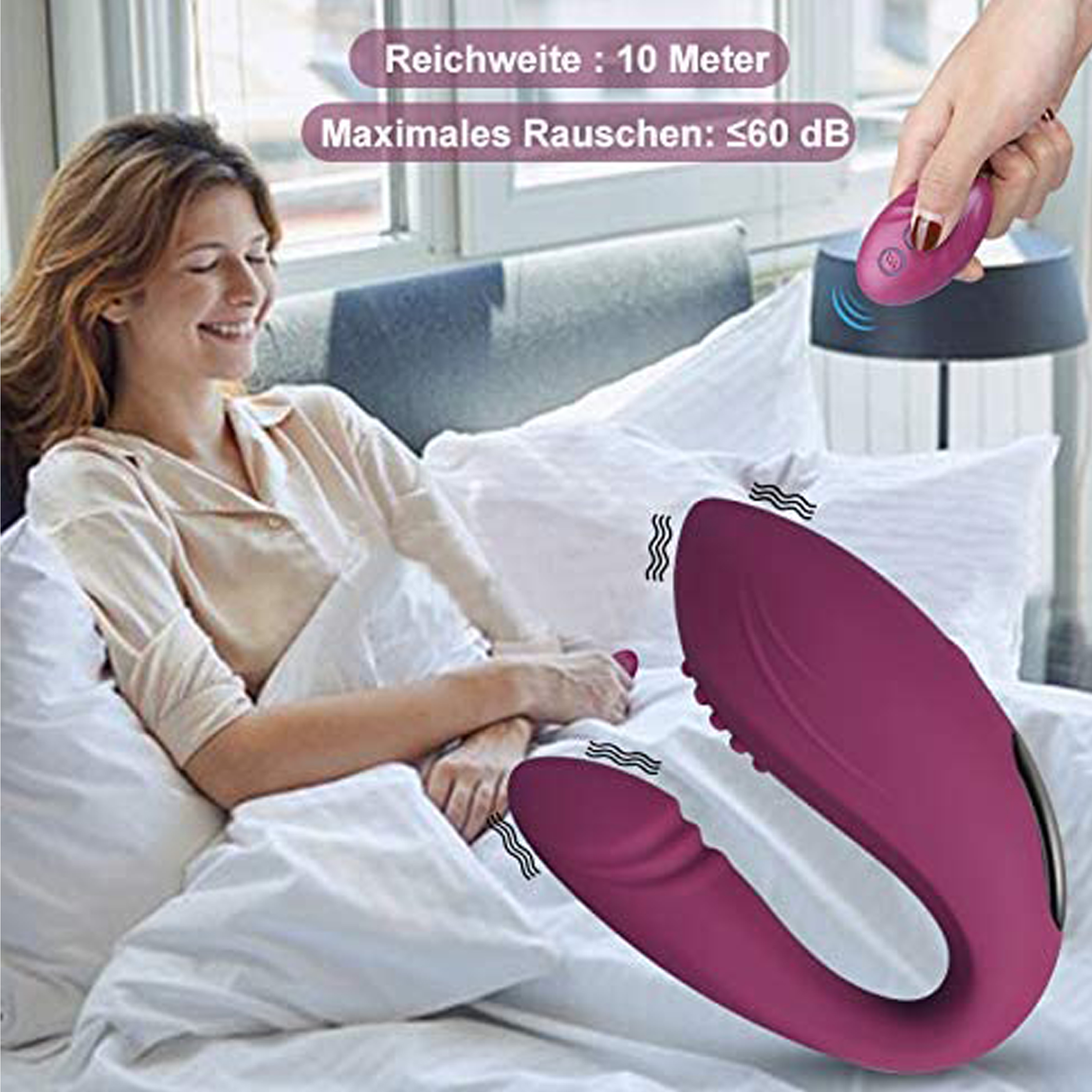 Frau liegt auf Bett mit pinkem Vibrator und Fernbedienung, Text über Reichweite und Geräusch.