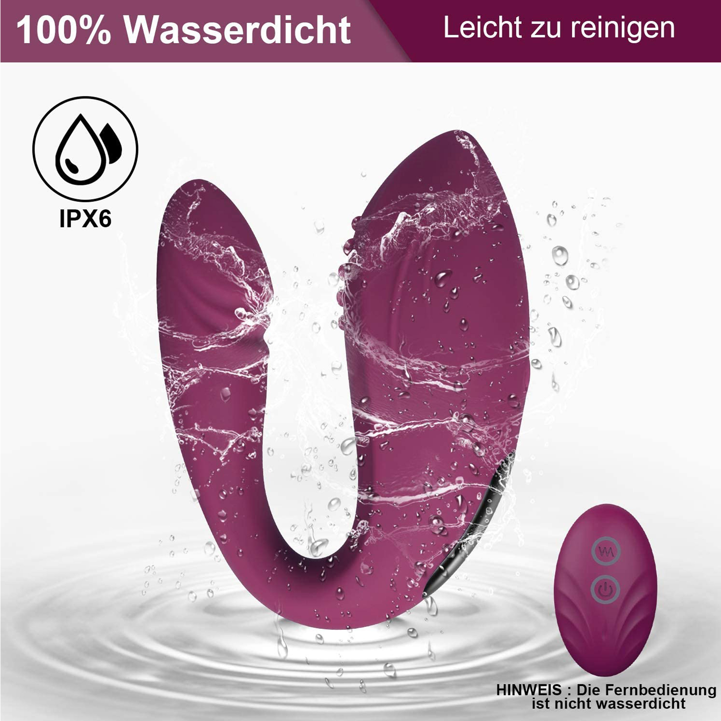 Ein pinkfarbenes, gebogenes Sexspielzeug mit Fernbedienung, Wassertropfen, auf weißem Untergrund.