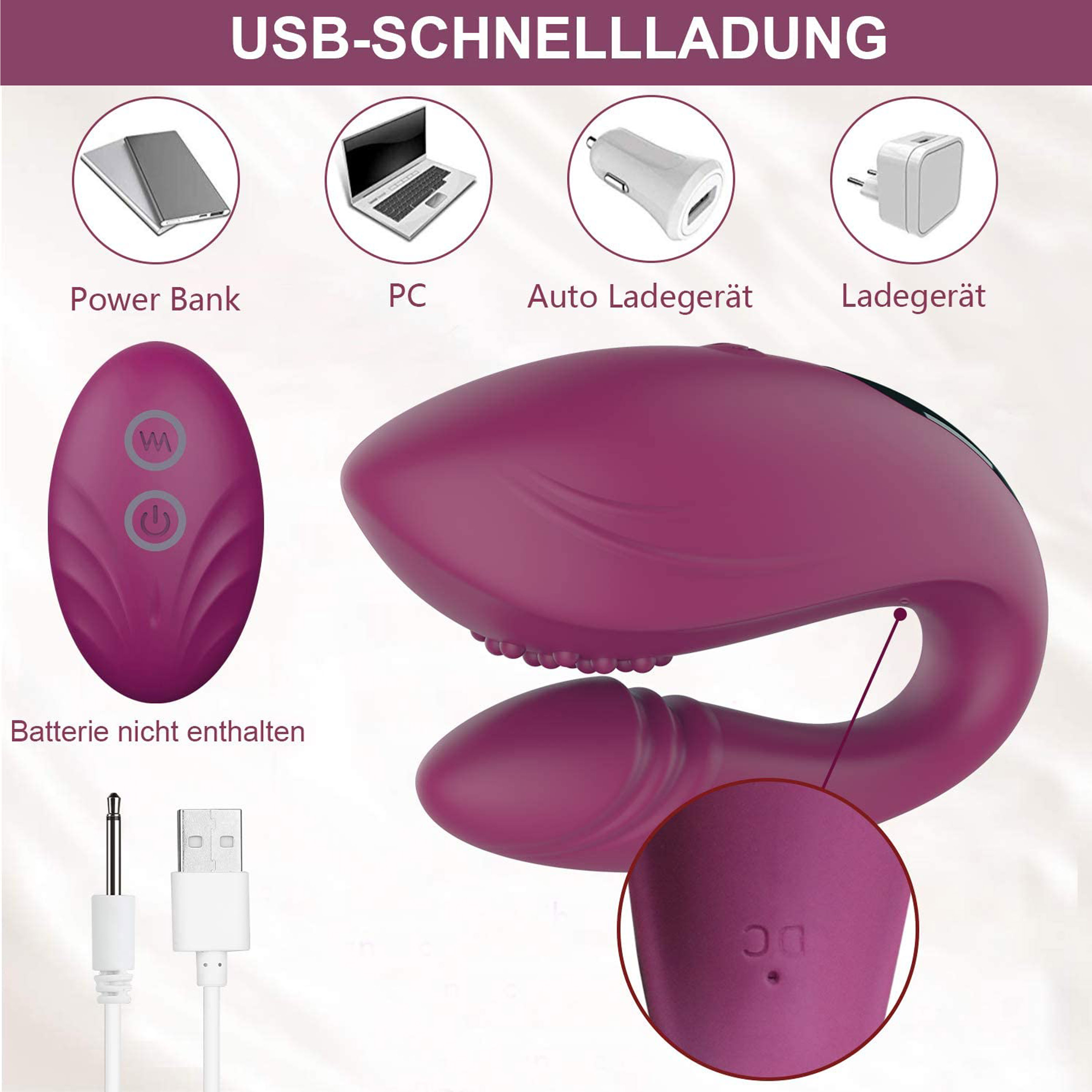 Ein lila Sexspielzeug mit Fernbedienung und Ladezubehör mit Symbolen darüber.