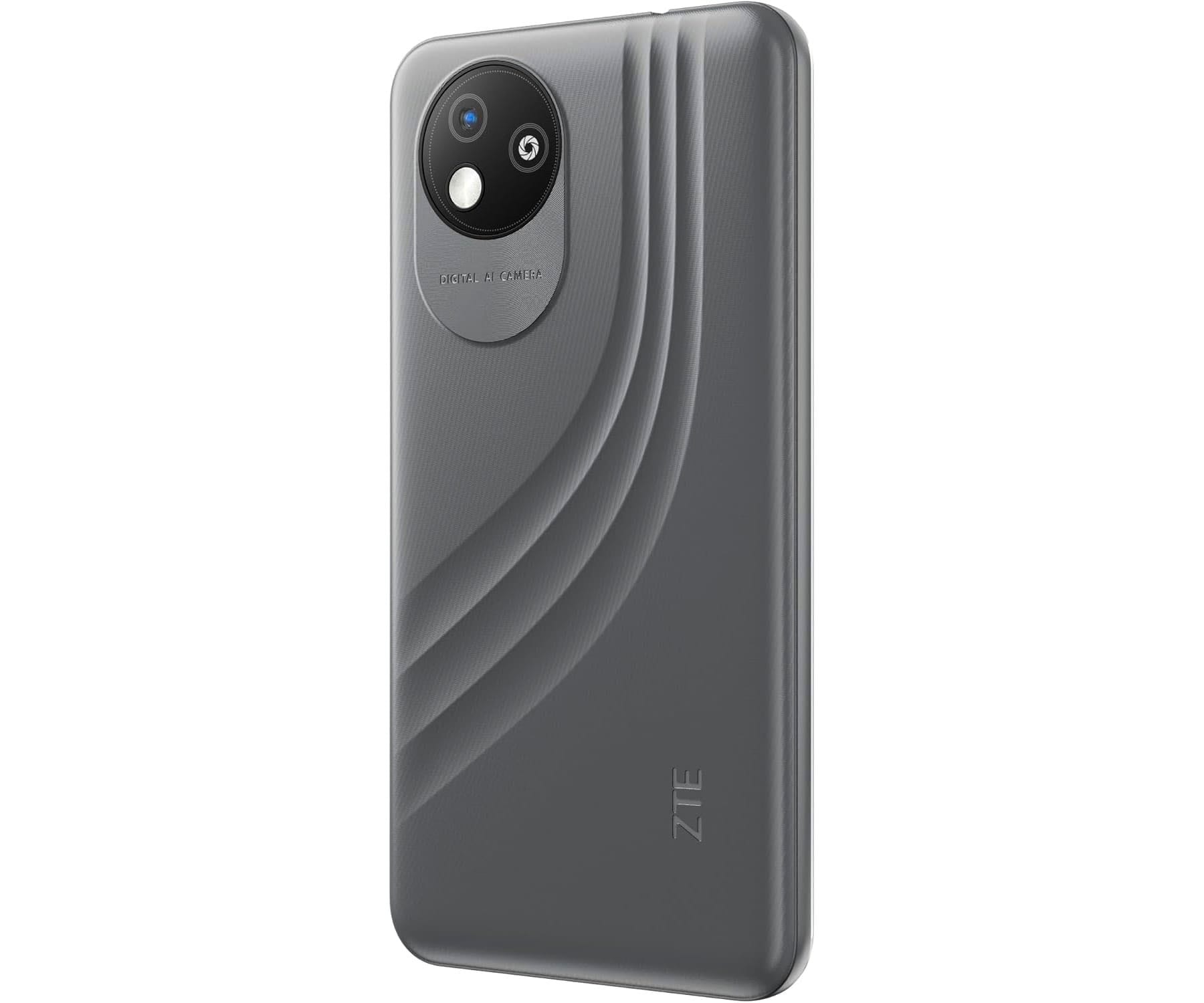 Telefono grigio con modulo fotocamera posteriore e logo ZTE.