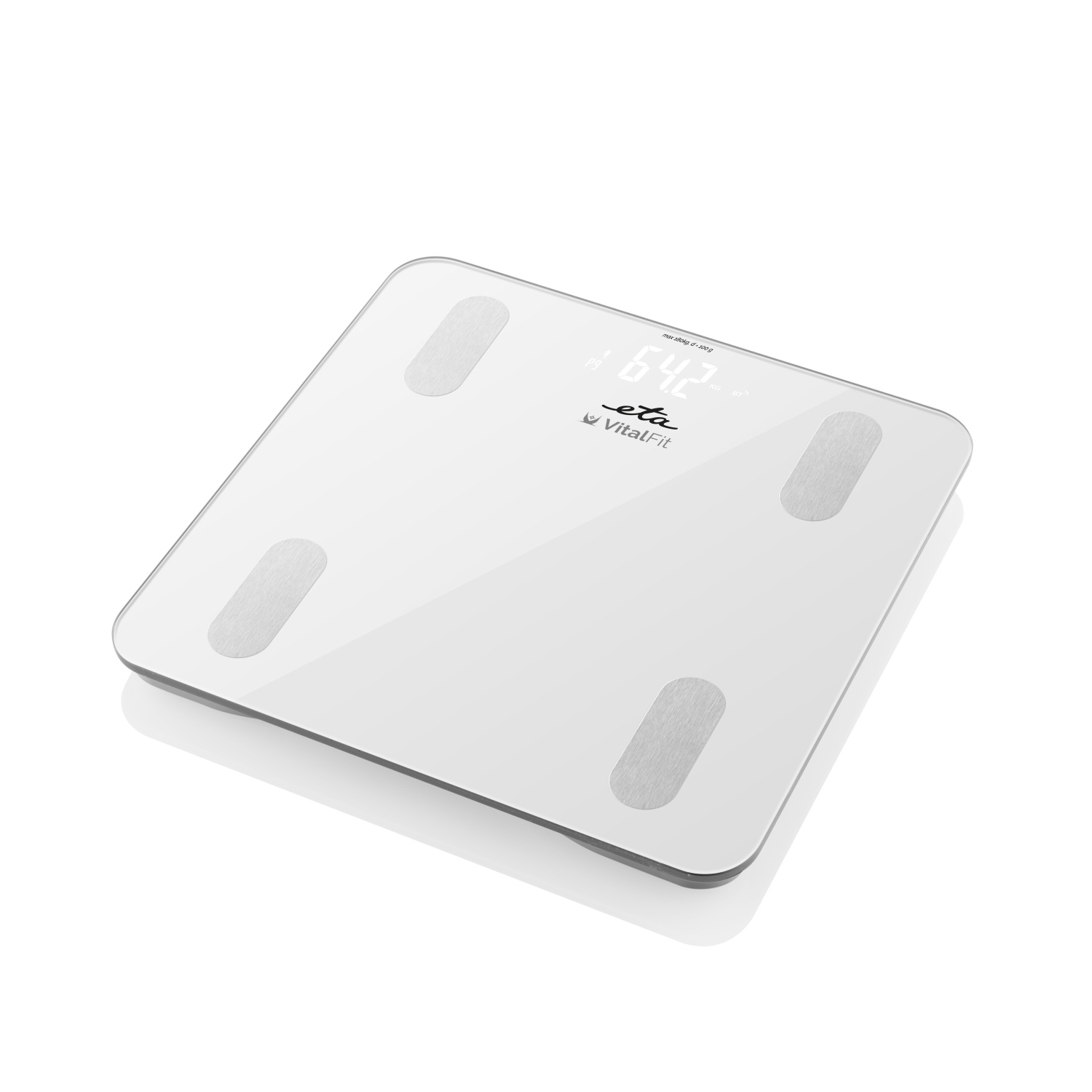 Eine weiße digitale Badezimmerwaage mit einer Anzeige, die 64,2 zeigt, und vier grauen Fußpads.