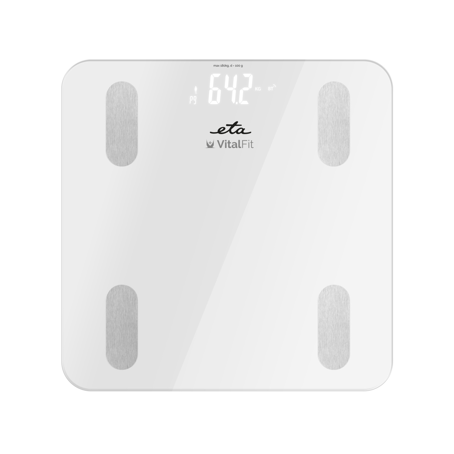 Eine weiße Digitalwaage wird angezeigt. Das Display zeigt ein Gewicht von 64,2 kg. Die Marke ist eta VitalFit.