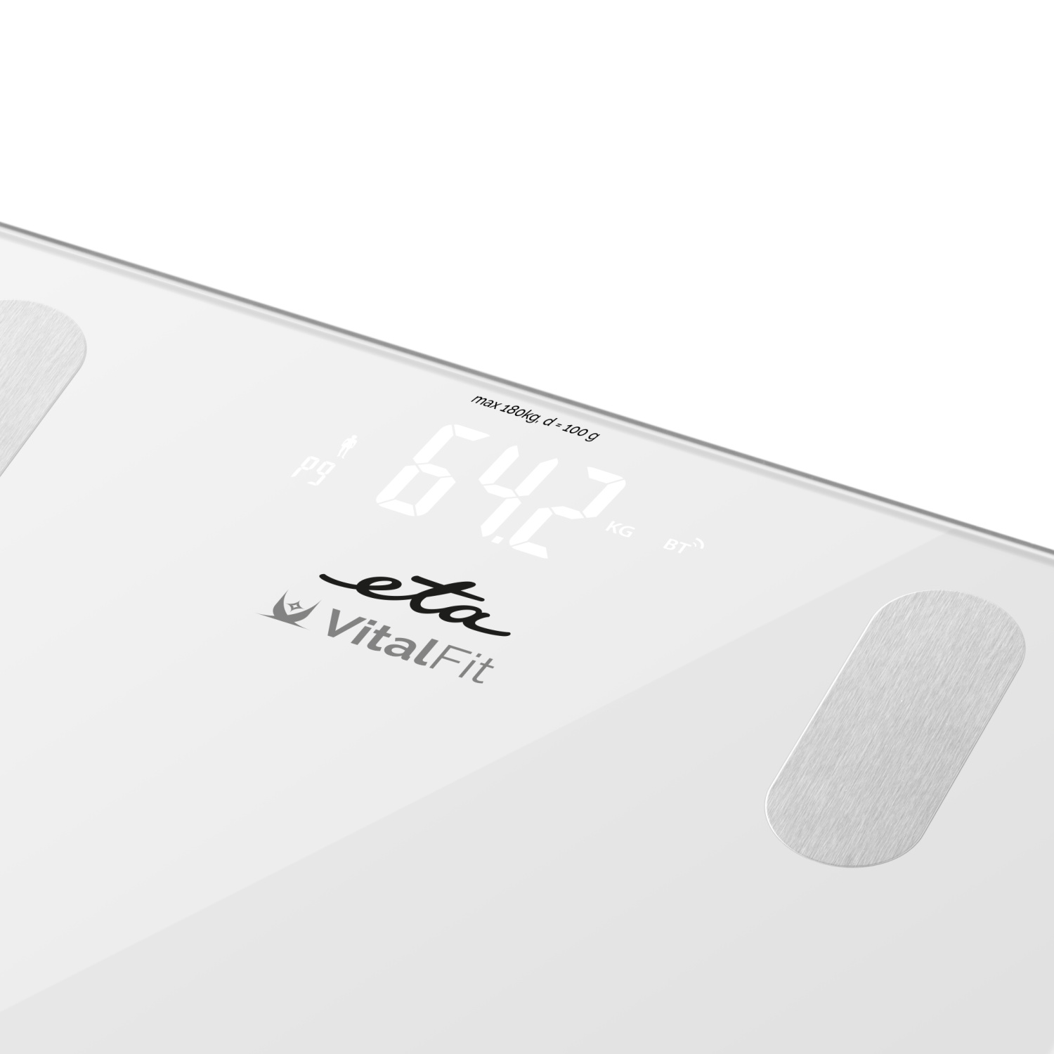 Weiße Digitalwaage, 64,2 kg. Marke Eta VitalFit. Text max 180kg d+100g.
