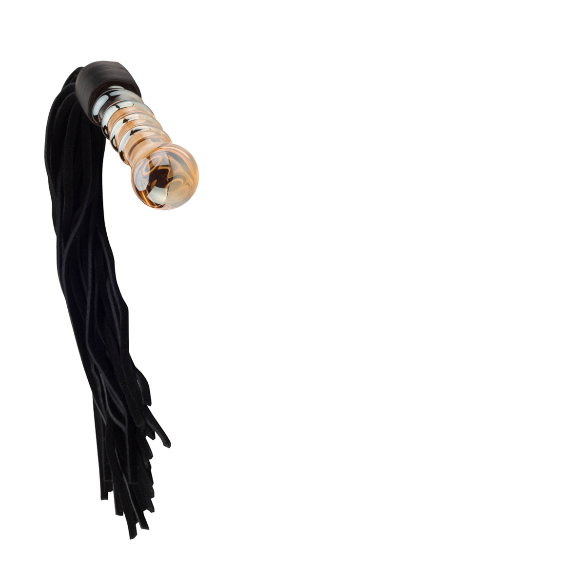 Schwarze Lederpeitsche mit goldenem und Glashandgriff. Der Griff hat ein dekoratives Muster.