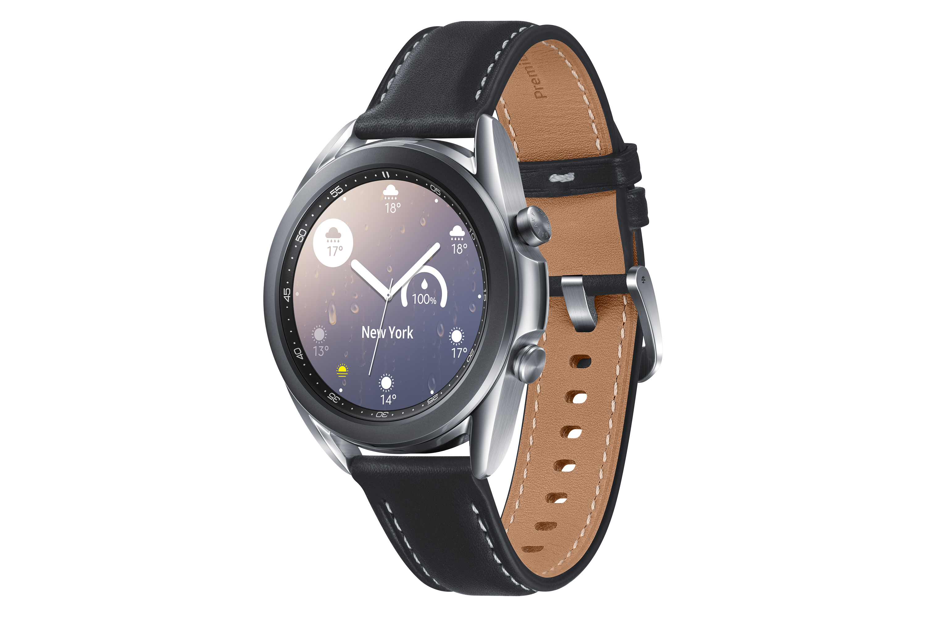 Srebrny smartwatch z czarnym skórzanym paskiem. Zegarek pokazuje pogodę i czas.
