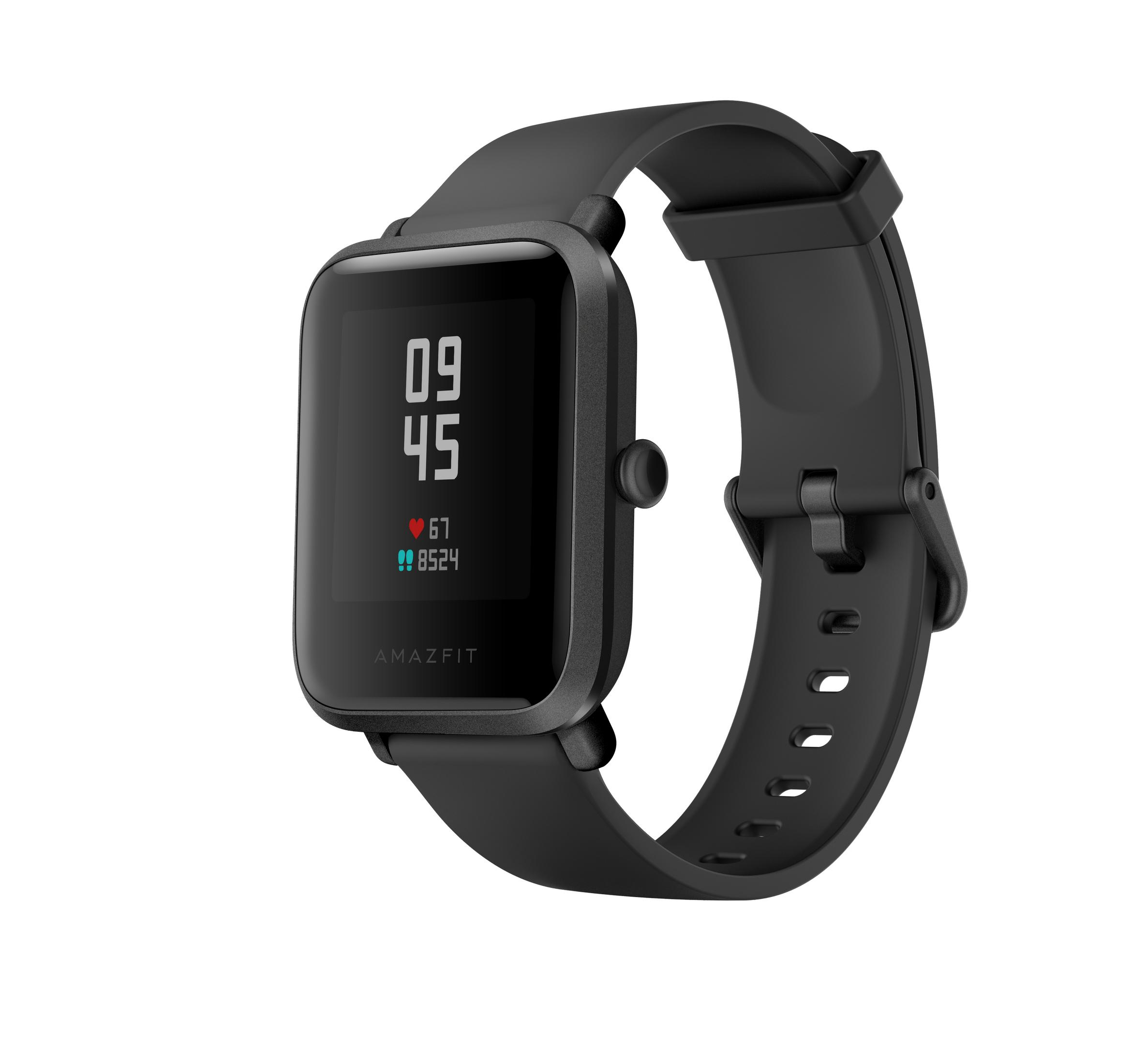 Schwarze Amazfit Smartwatch. Anzeige zeigt Uhrzeit, Herzfrequenz und Schritte.