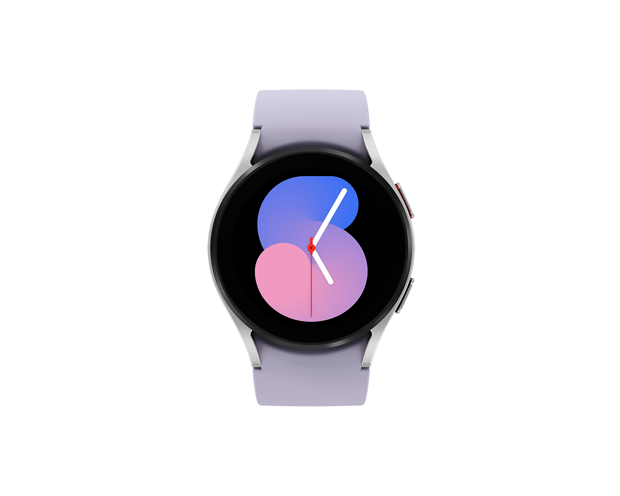 Reloj plateado Samsung Galaxy con correa morada, pantalla negra y fondo blanco.