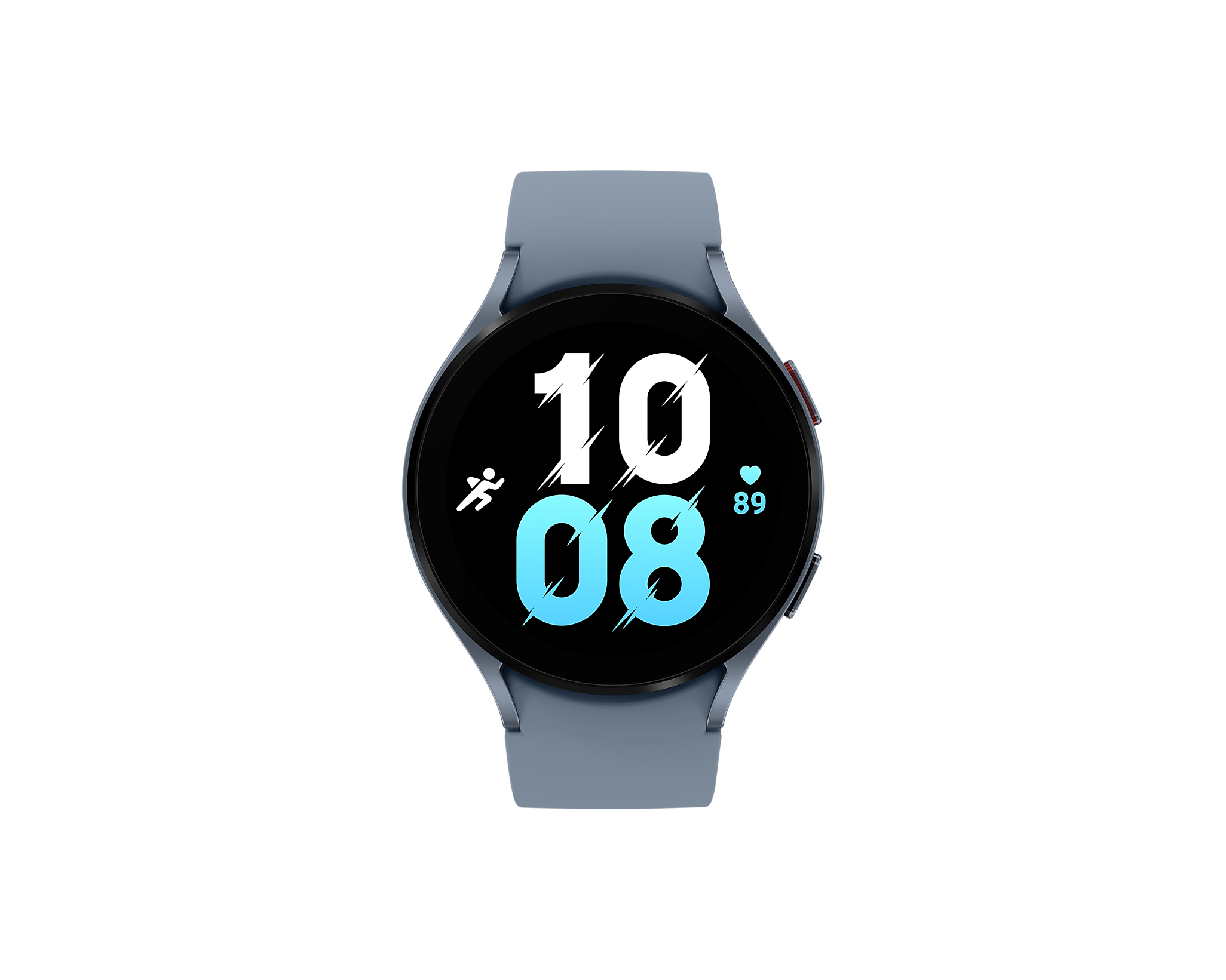 Eine blaue Smartwatch mit der Uhrzeit 10:08 und einer Herzfrequenz von 89.