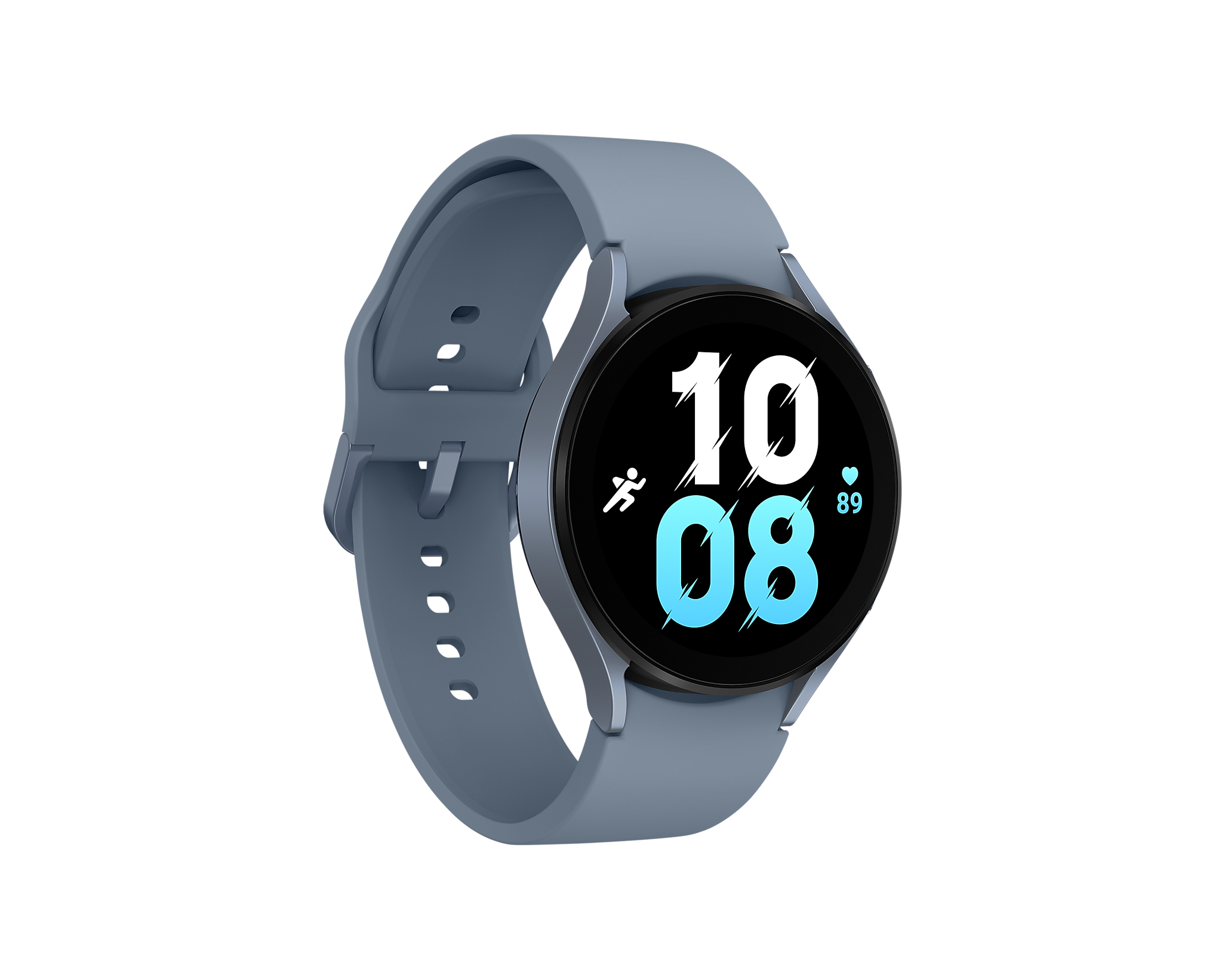 Blaue Smartwatch mit schwarzem Bildschirm und blauem Armband.