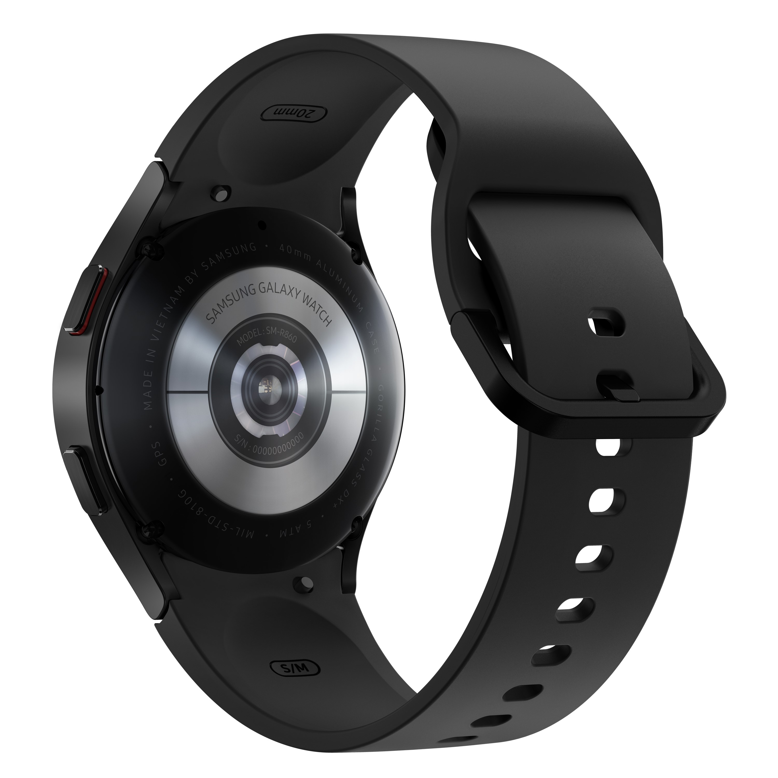 Eine schwarze Smartwatch. Sie hat ein schwarzes Armband und ein rundes Zifferblatt. Die Uhr ist von hinten zu sehen.