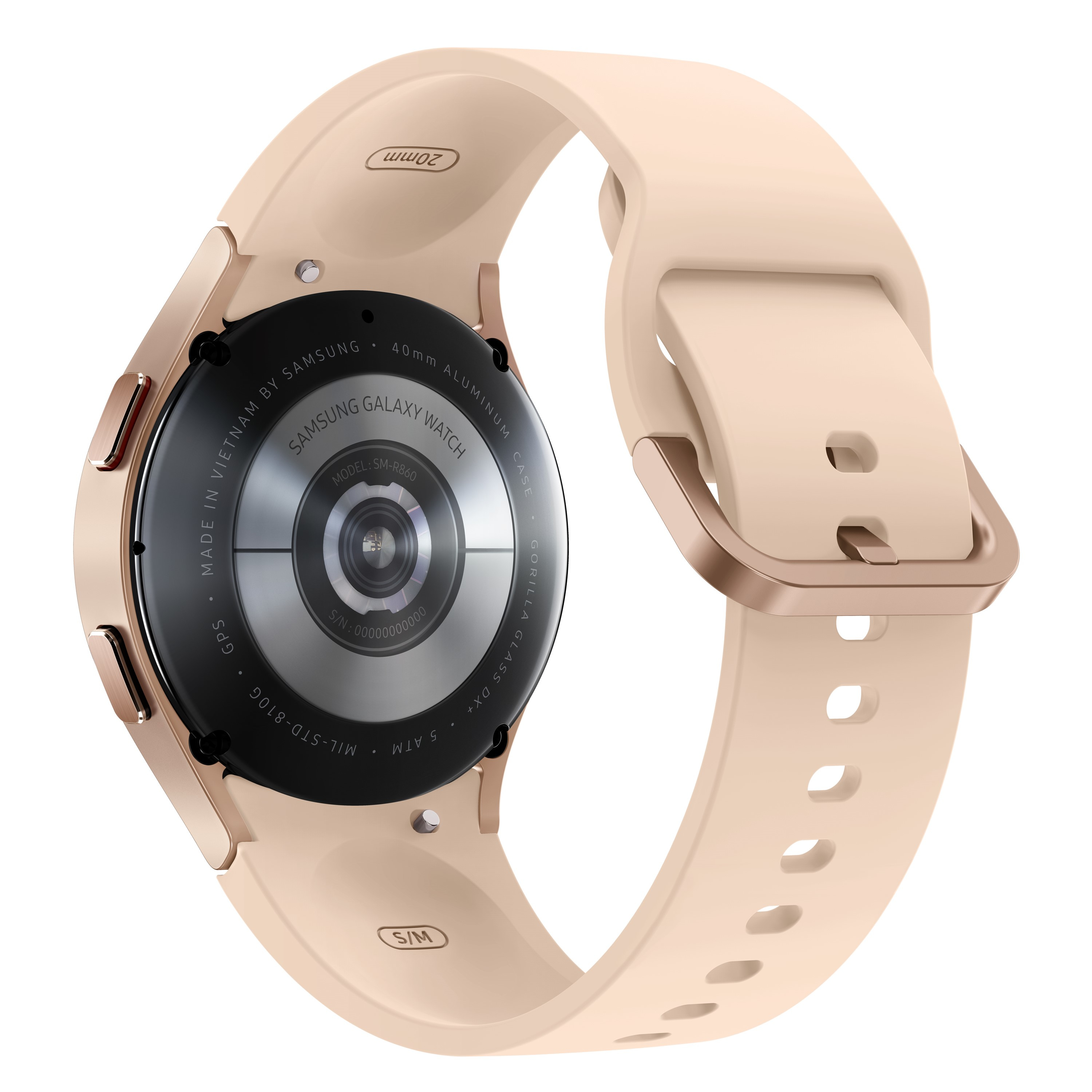 Rückseite einer roségoldenen Samsung Galaxy Watch mit beigem Armband. Text und Modellnummer sichtbar.