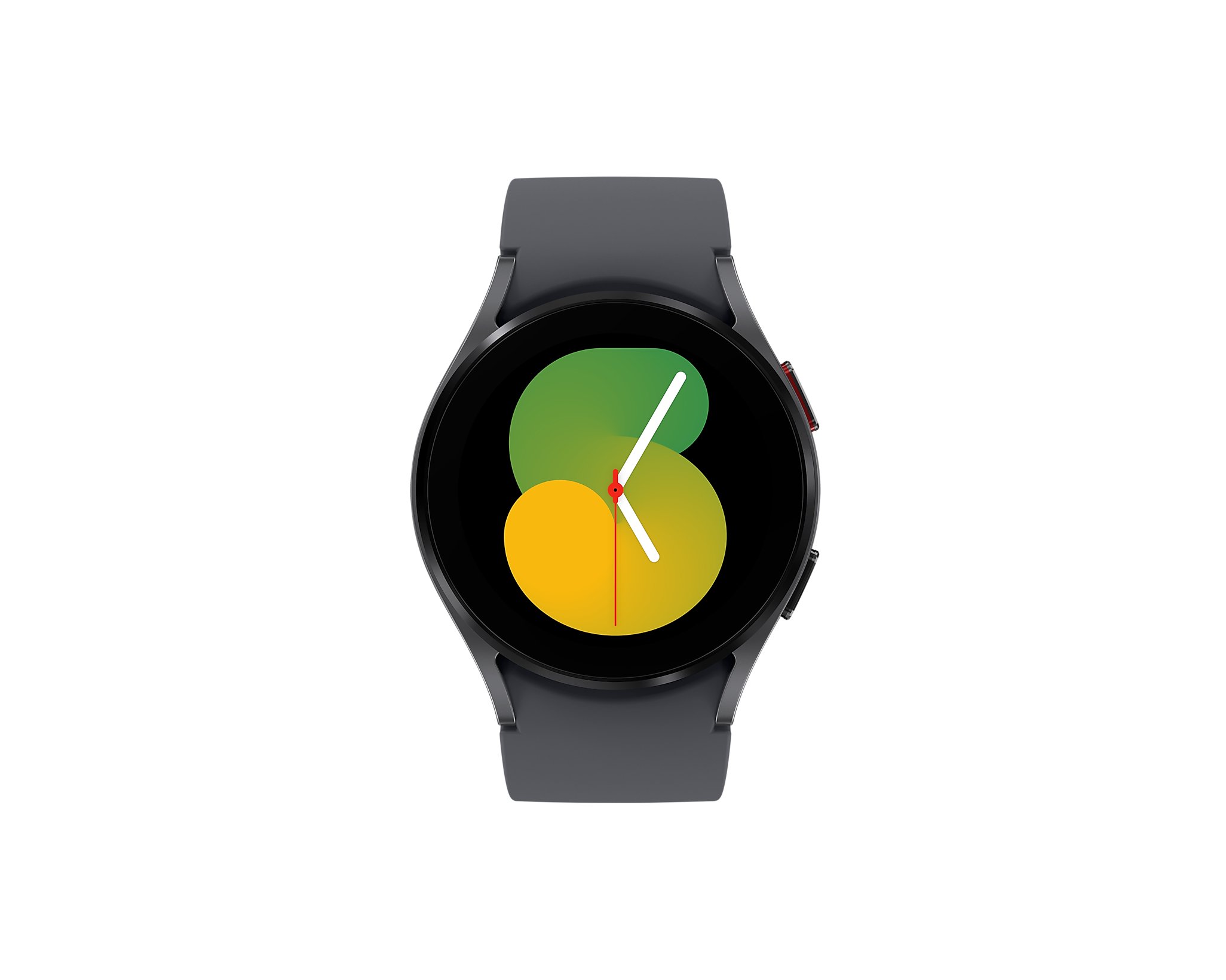 Dunkelgraue Smartwatch mit rundem Zifferblatt, das ein mehrfarbiges Display zeigt.