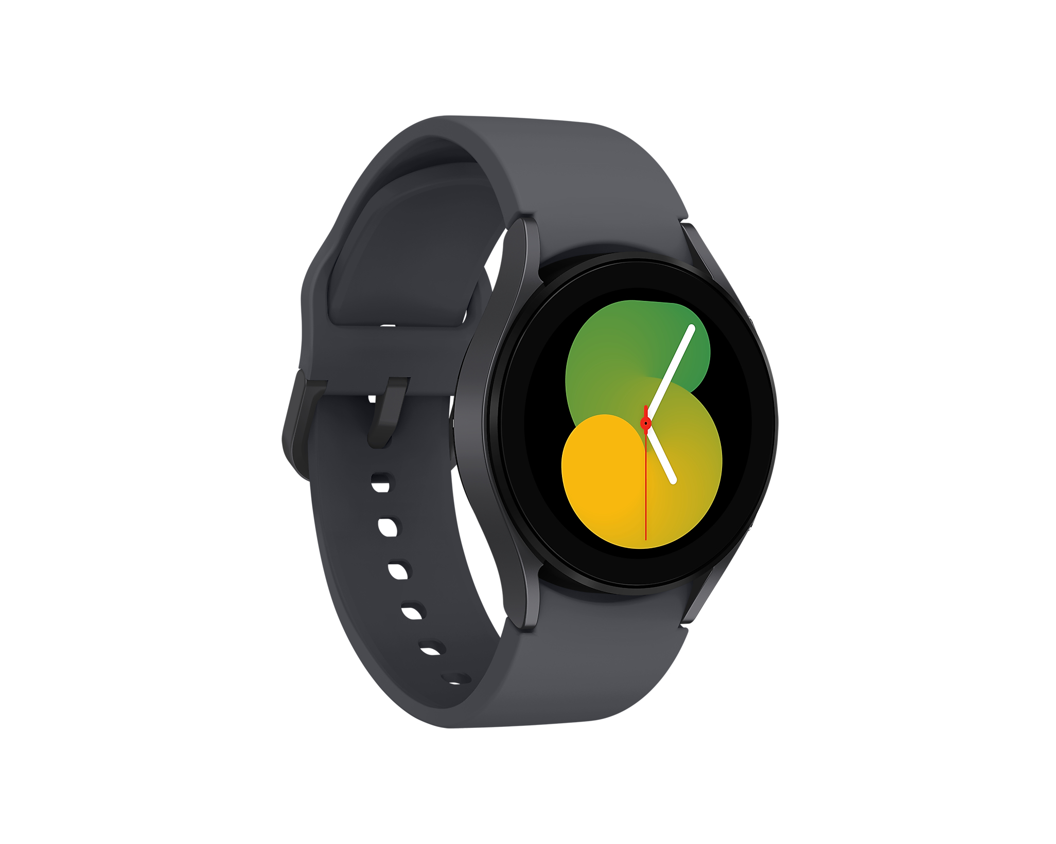 Samsung Galaxy Watch 5. Dunkelgraue Uhr mit schwarzer Lünette und gelb-grünem Zifferblatt.
