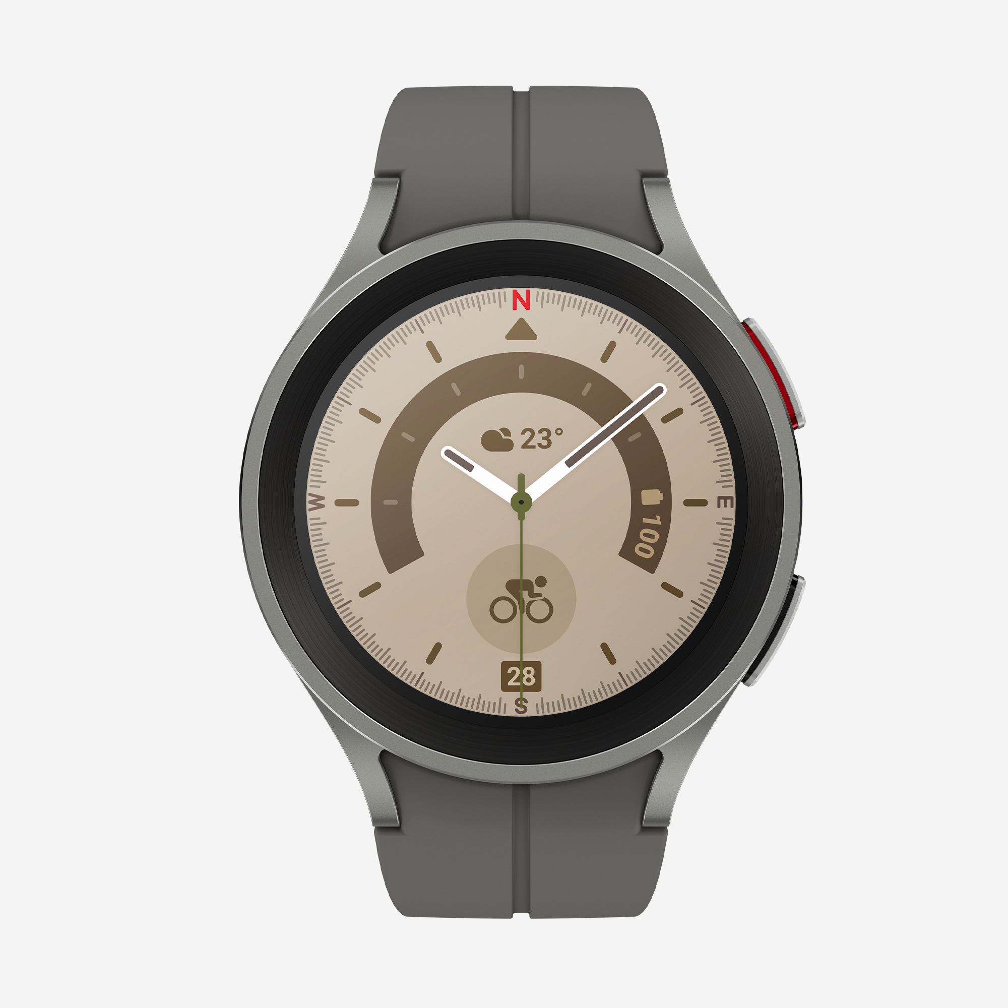 Smartwatch grigio con quadrante rotondo che mostra ora, meteo e icona bicicletta, su sfondo bianco.