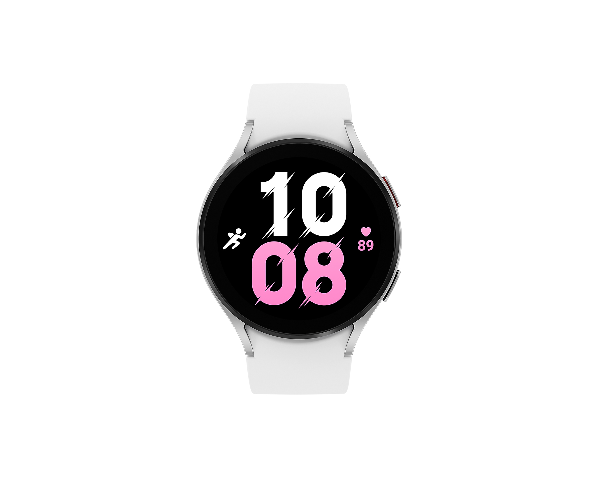 Uno smartwatch bianco con display digitale che mostra l'ora e la frequenza cardiaca. Cinturino bianco.