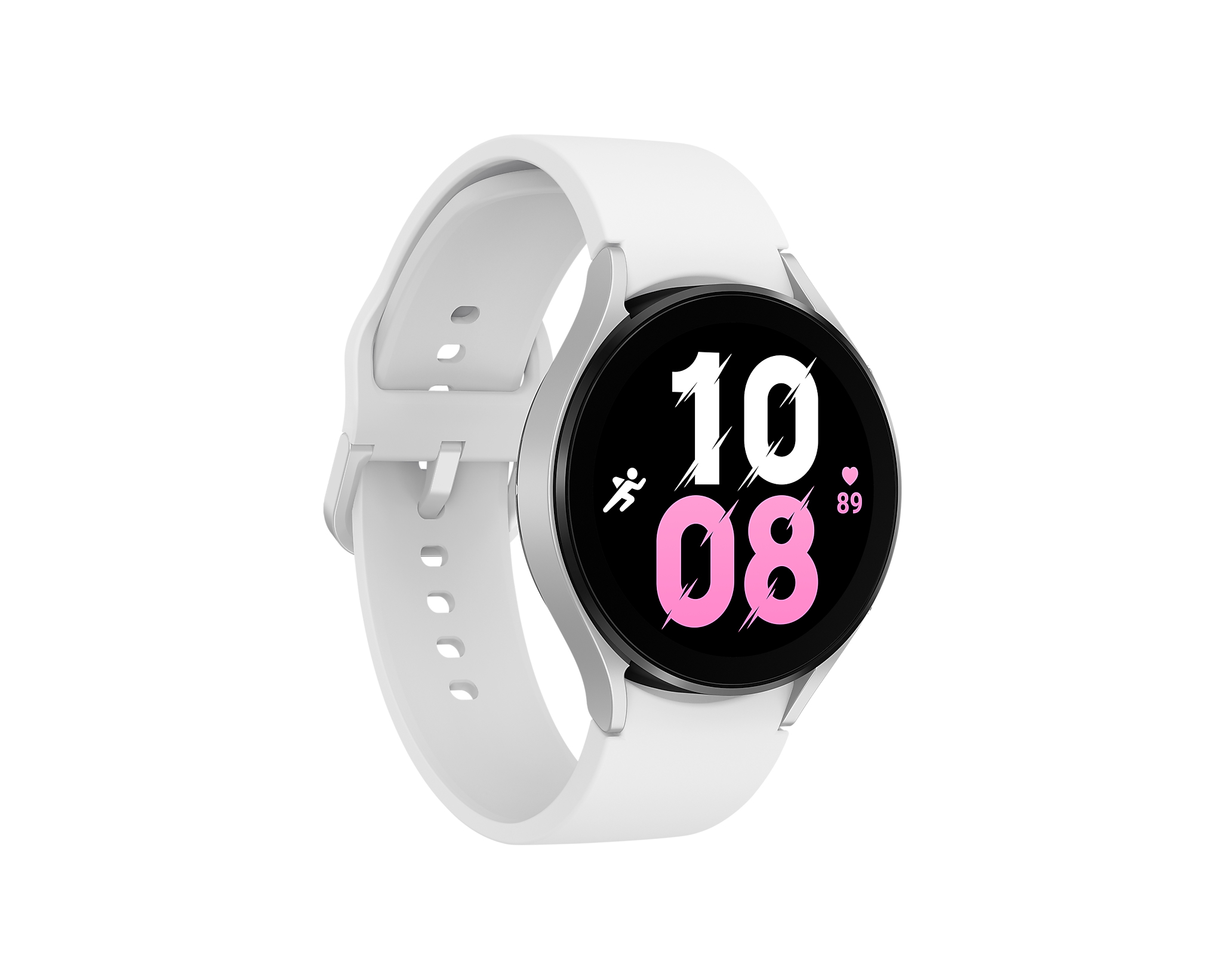 Smartwatch Samsung bianco con display nero che mostra l'ora. Sfondo bianco.