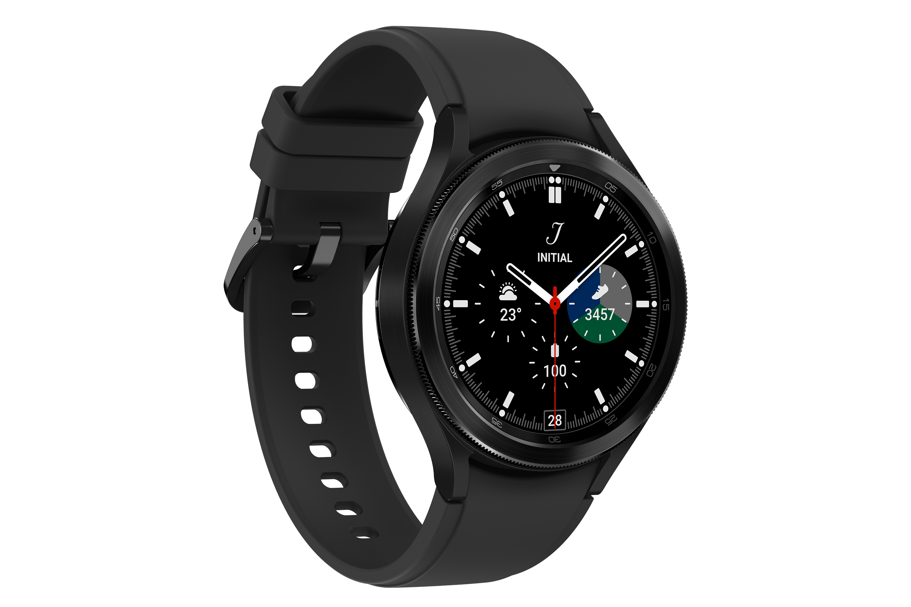 Eine schwarze Smartwatch mit rundem Zifferblatt und schwarzem Armband, weißer Hintergrund.