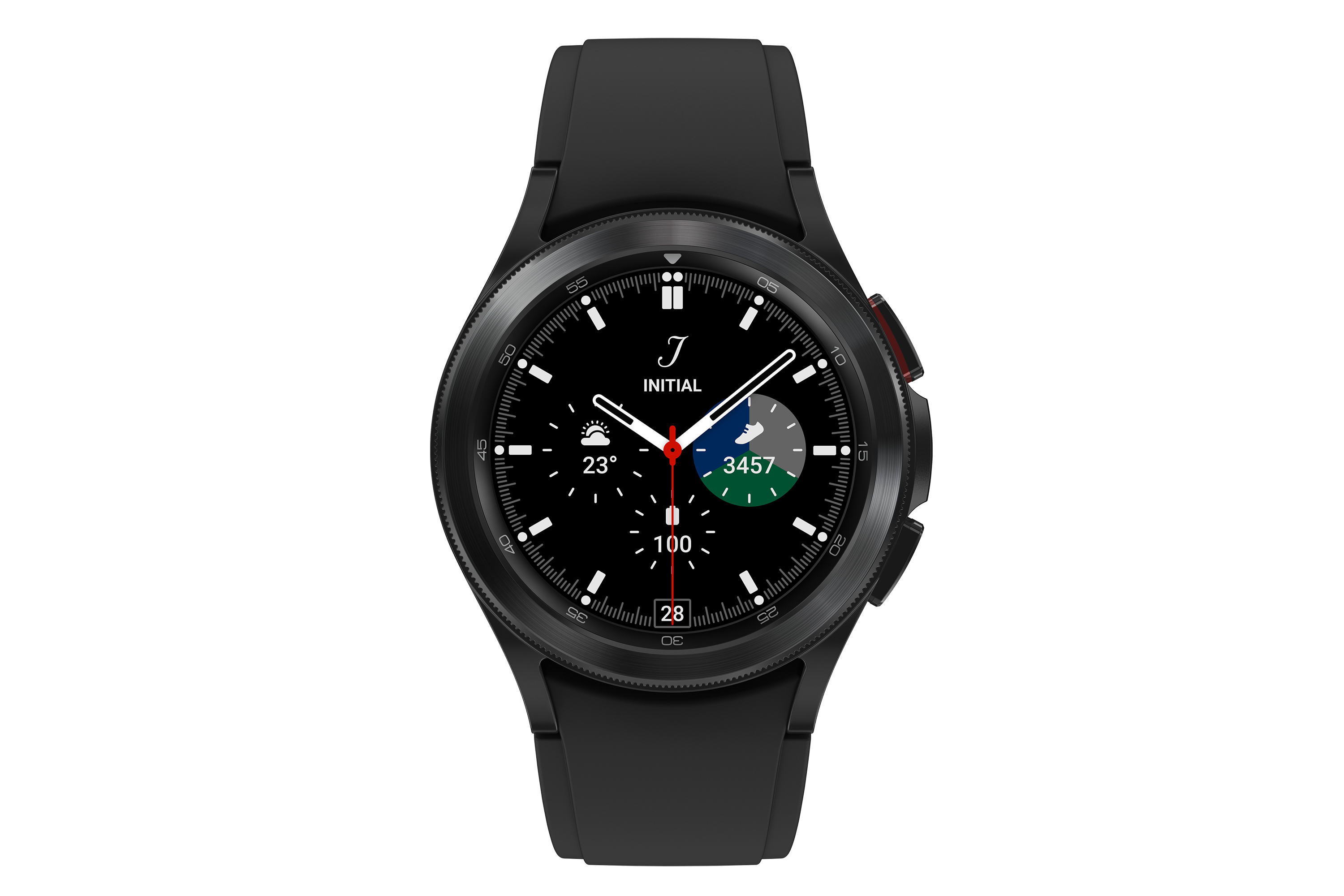 Eine schwarze Samsung Galaxy Watch, die Zeit, Herzfrequenz und andere Gesundheitsdaten anzeigt.
