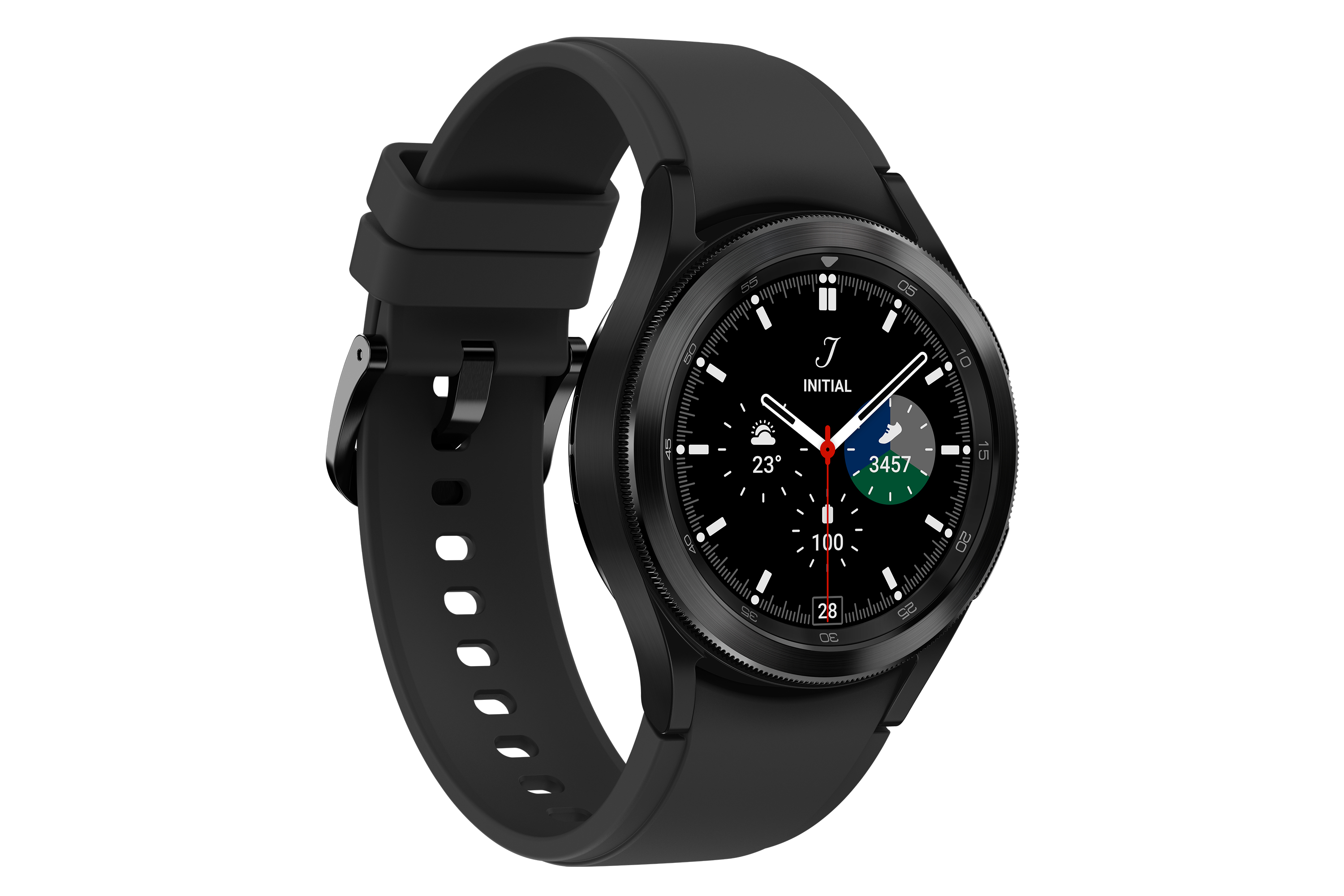 Eine schwarze Smartwatch mit rundem Zifferblatt, das die Zeit und andere Metriken anzeigt.