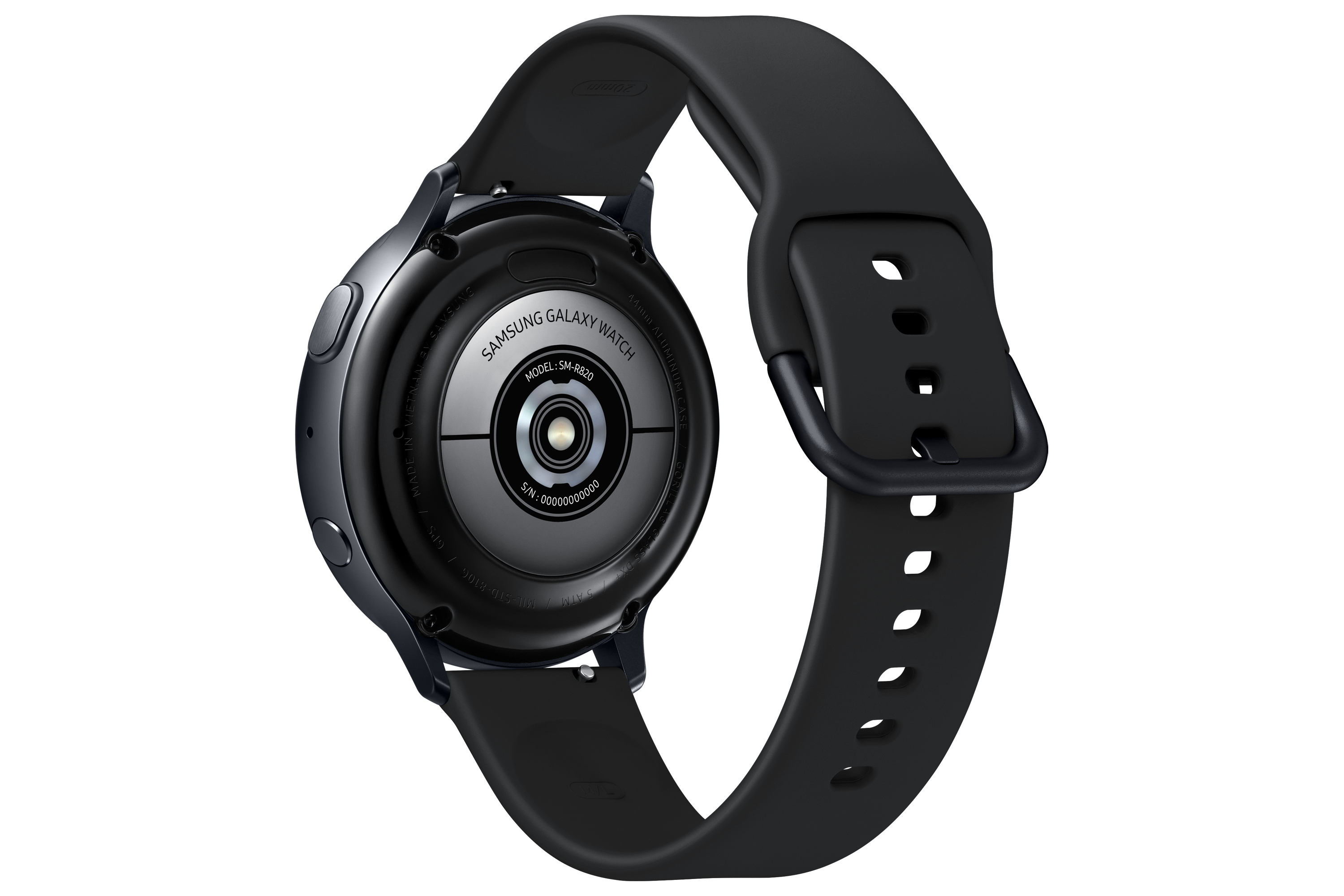 Schwarze Samsung Galaxy Watch 2, Unteransicht, mit Herzfrequenzsensor und Modelldetails.