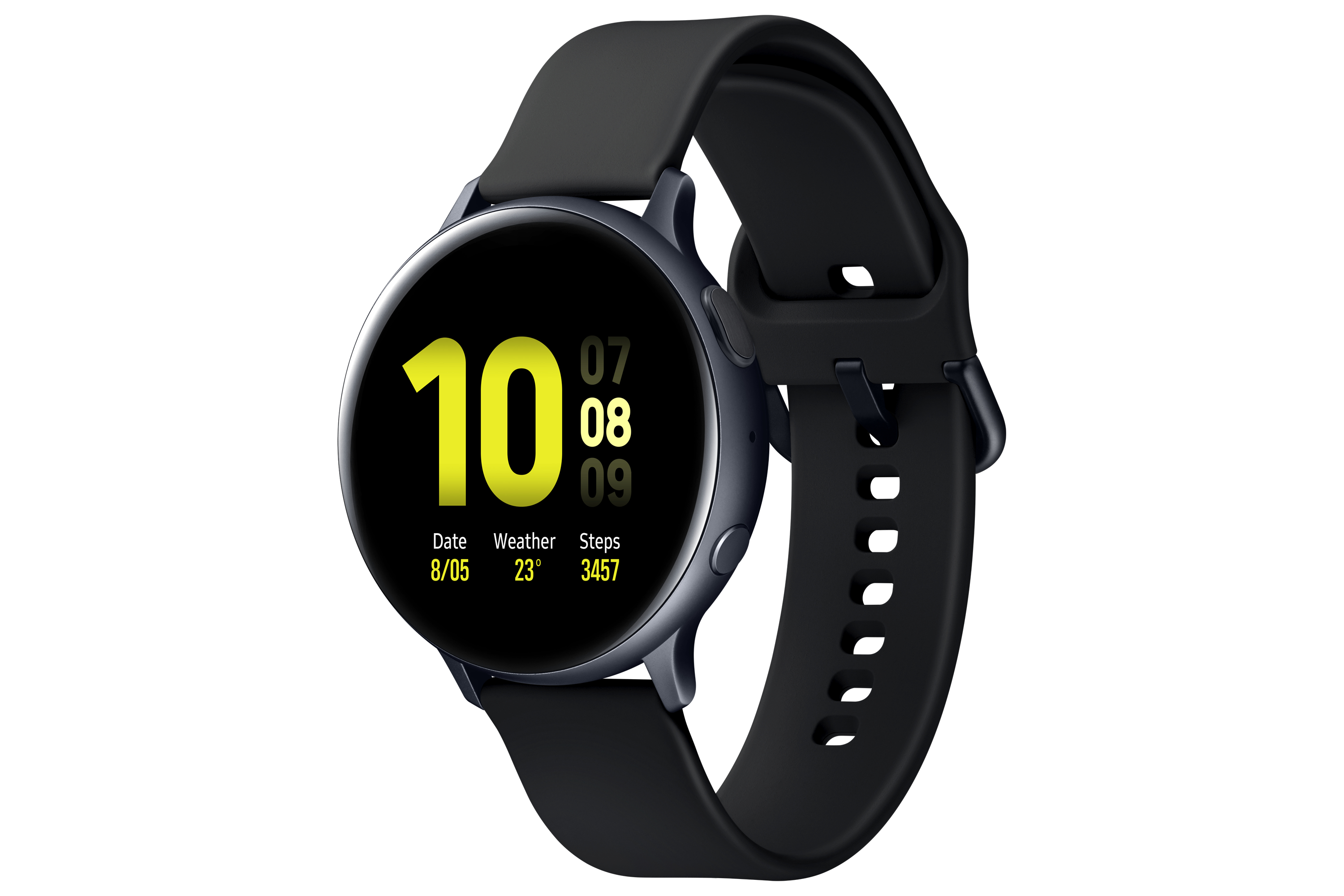 Eine schwarze Smartwatch mit rundem Display, die Uhrzeit und Datum anzeigt, und ein schwarzes Armband.