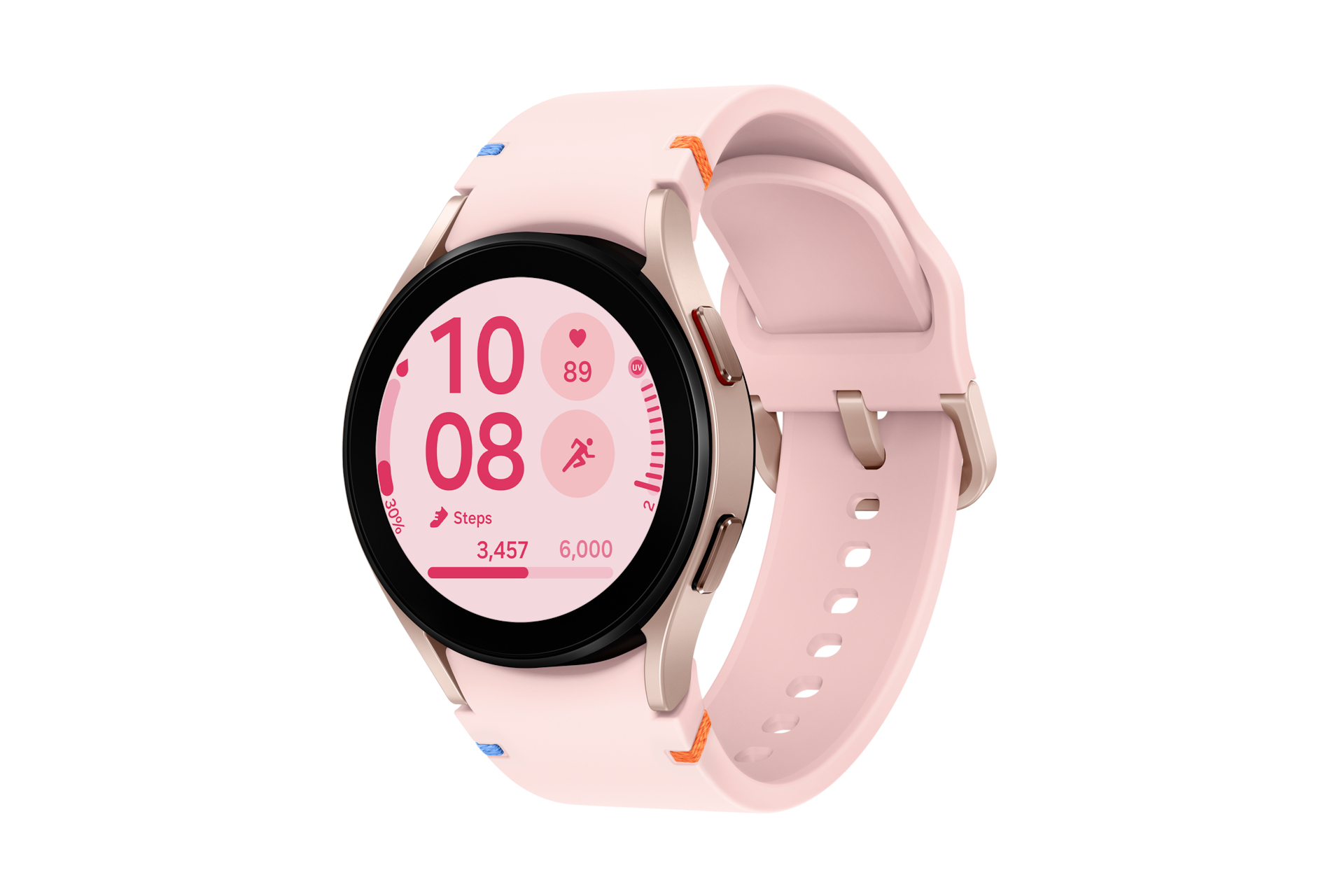 Rosafarbene Smartwatch mit orangen Details, weißer Hintergrund.