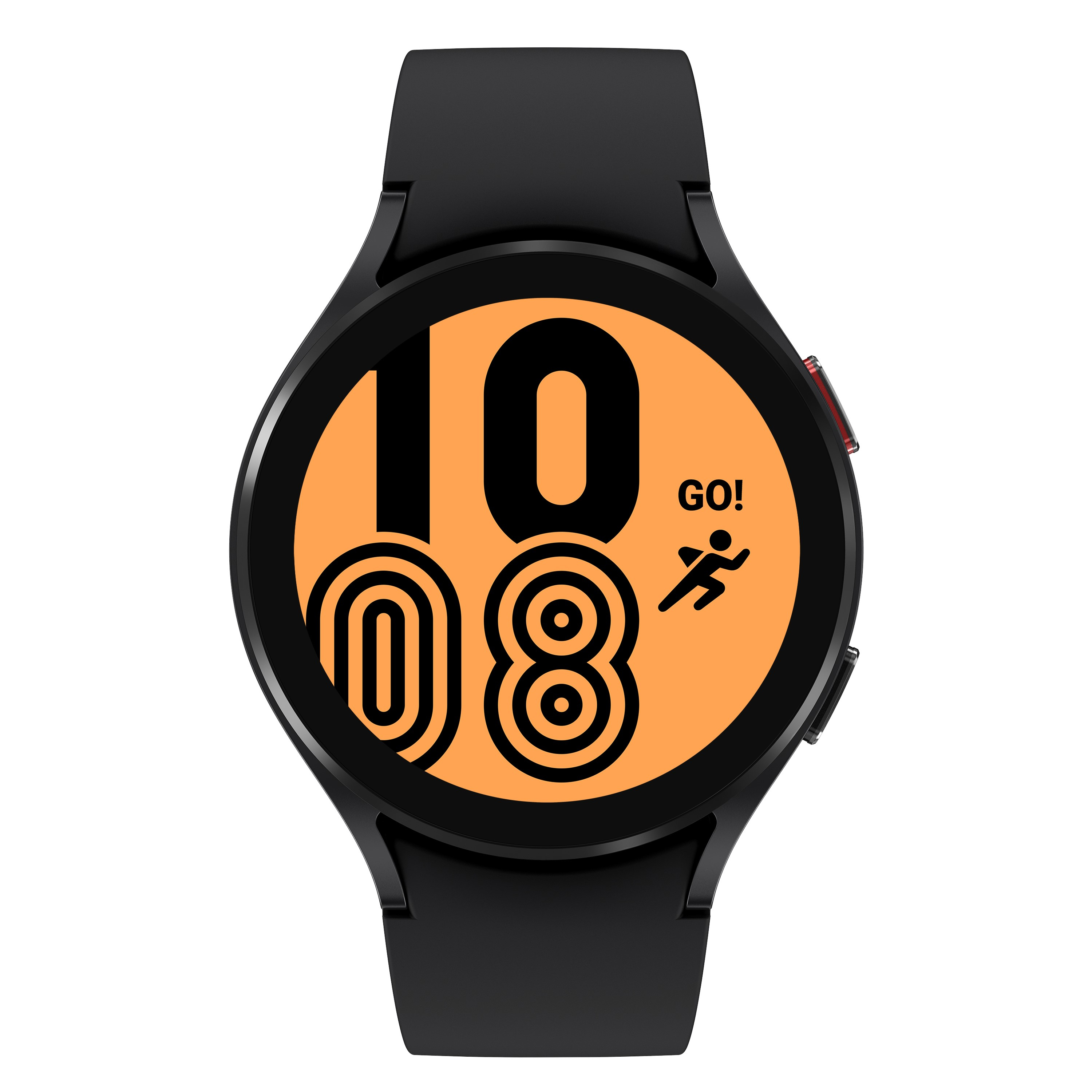 Eine schwarze Samsung Galaxy Watch. Das Display zeigt die Uhrzeit und ein Laufsymbol.