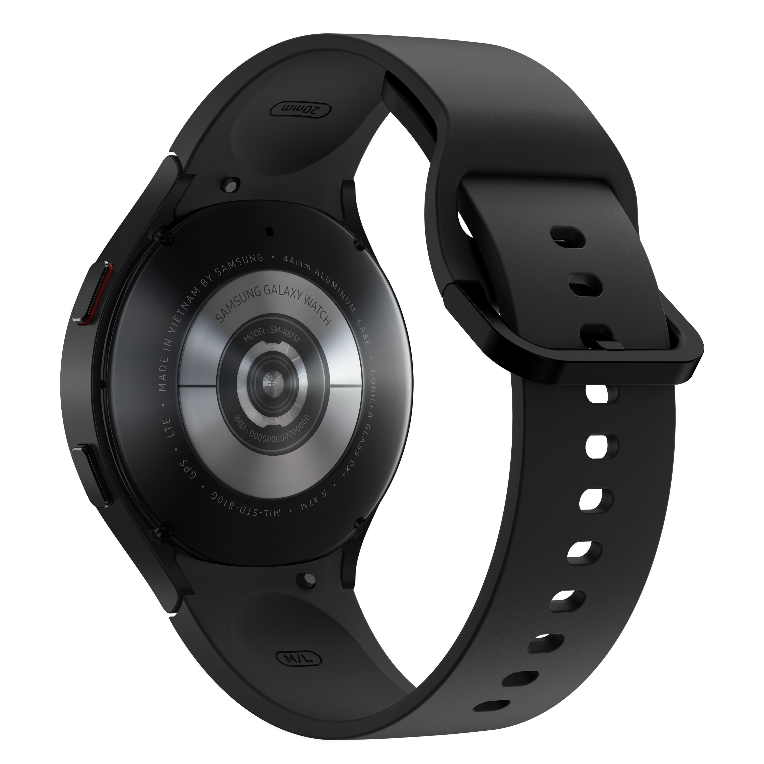 Schwarze Samsung Galaxy Watch, Rückansicht, mit schwarzem Armband.