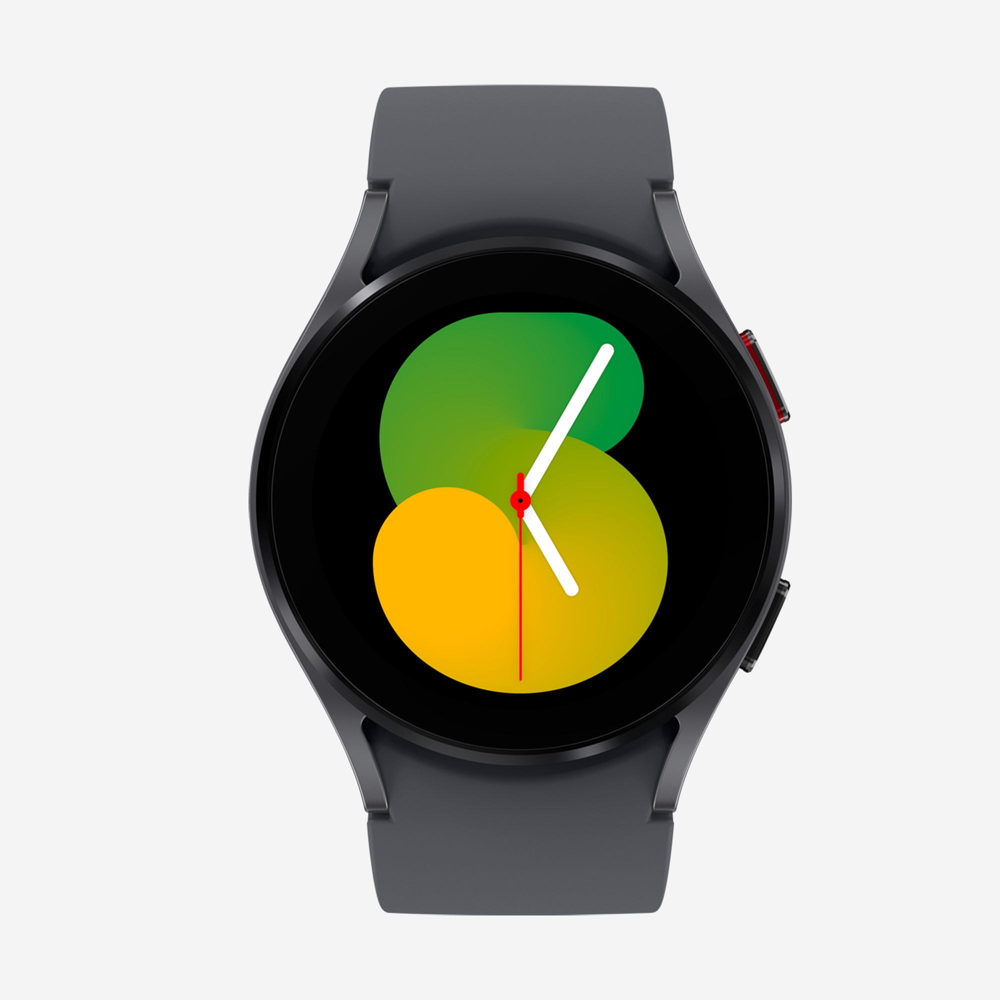 Smartwatch gris oscuro con pantalla colorida mostrando la hora. Fondo blanco.